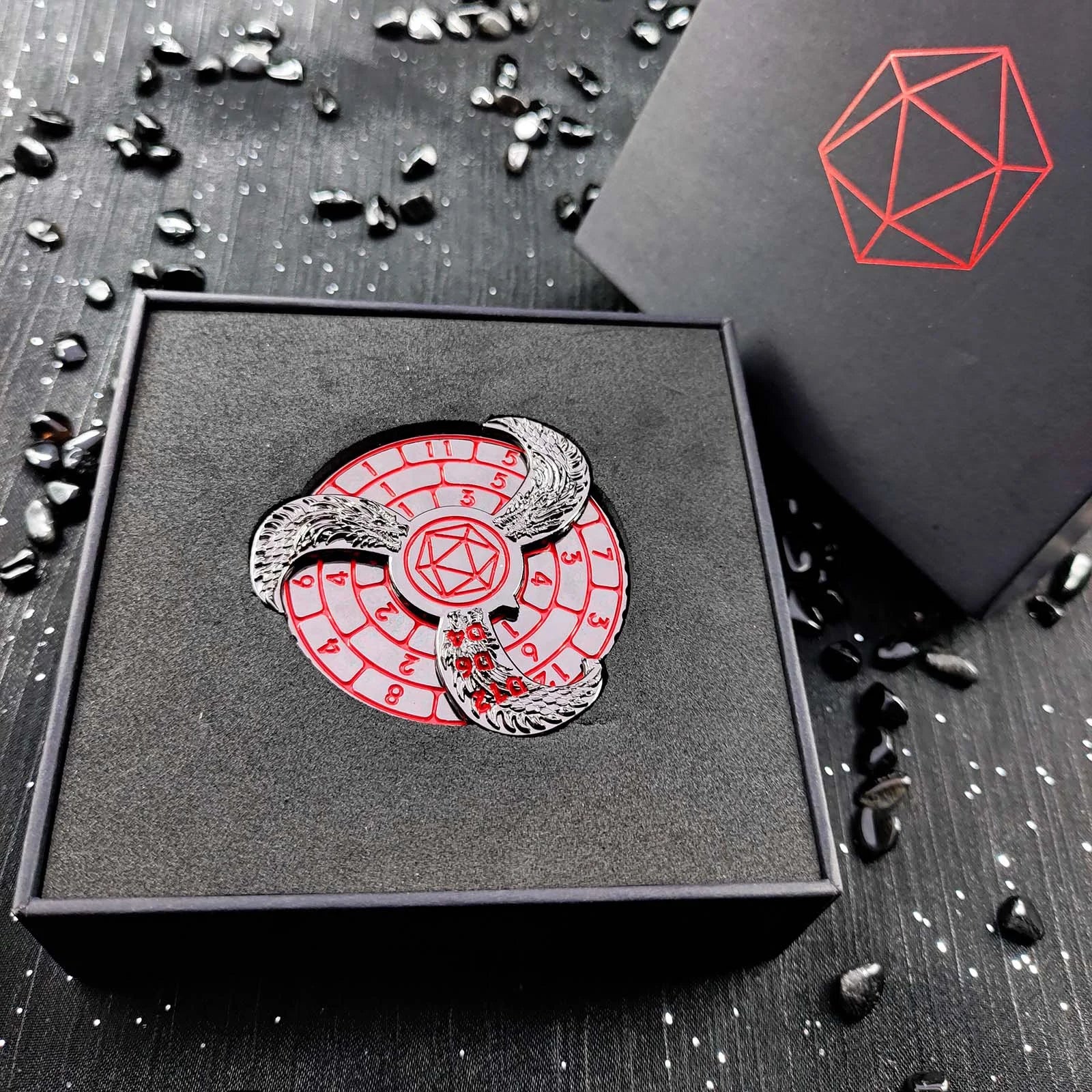 Unique dnd Spin Roulette Dice: Black Nickel Red 7-in-1 Fidget Spinner Metal Dice + Dice Box | Bear Dice