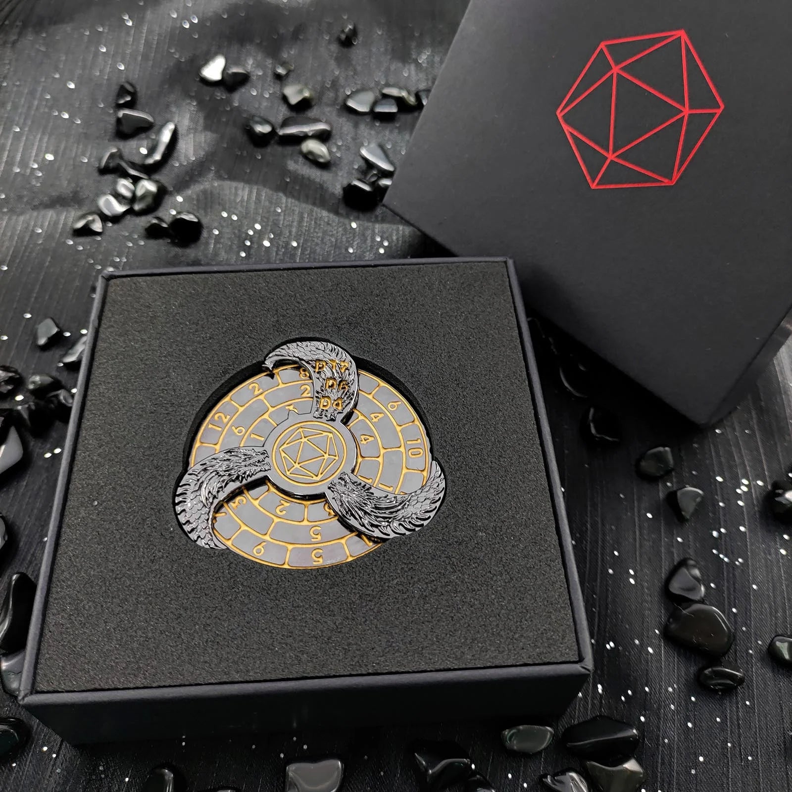 Unique dnd Spin Roulette Dice: Black Nickel Gold 7 in 1 Fidget Spinner Metal Dice + Dice Box | Bear Dice