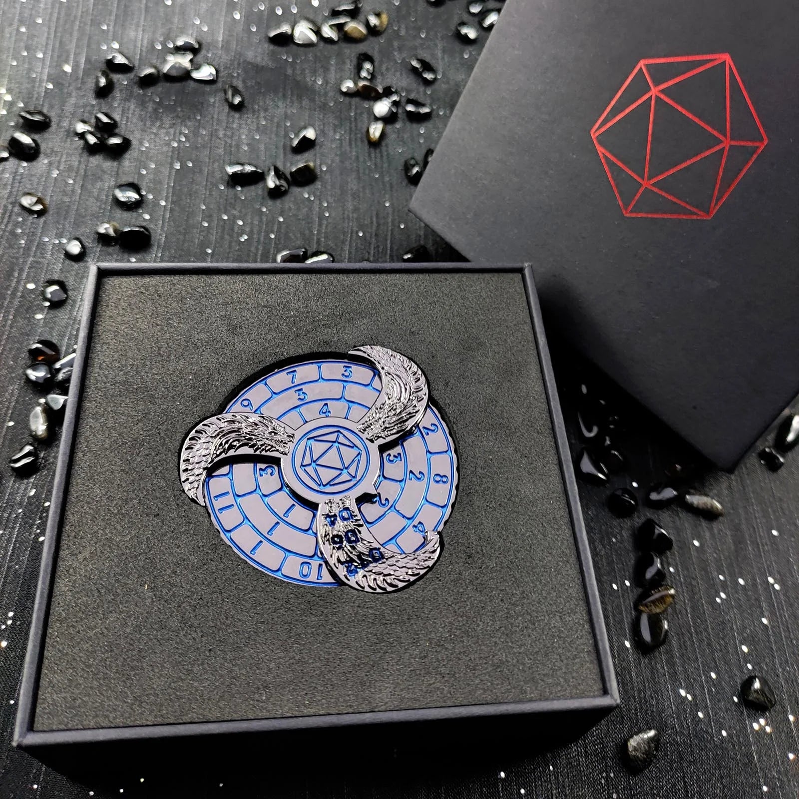 Unique dnd Spin Roulette Dice: Black Nickel Blue 7-in-1 Fidget Spinner Metal Dice + Dice Box | Bear Dice