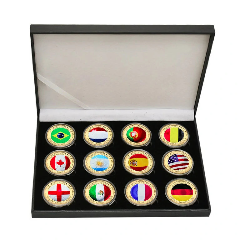 Set of 12 World Cup Soccer Flag Metal Commemorative Coins with Black Storage Box | Bear Dice
