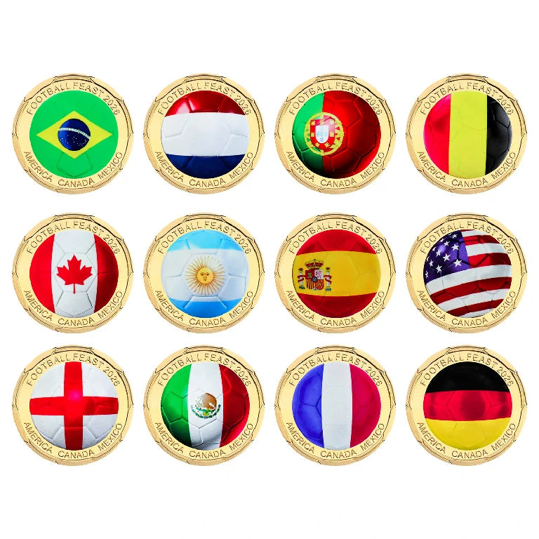 Set of 12 World Cup Soccer Team Flag Metal Coins: USA, Canada, Brazil, France, Argentina, etc. | Bear Dice