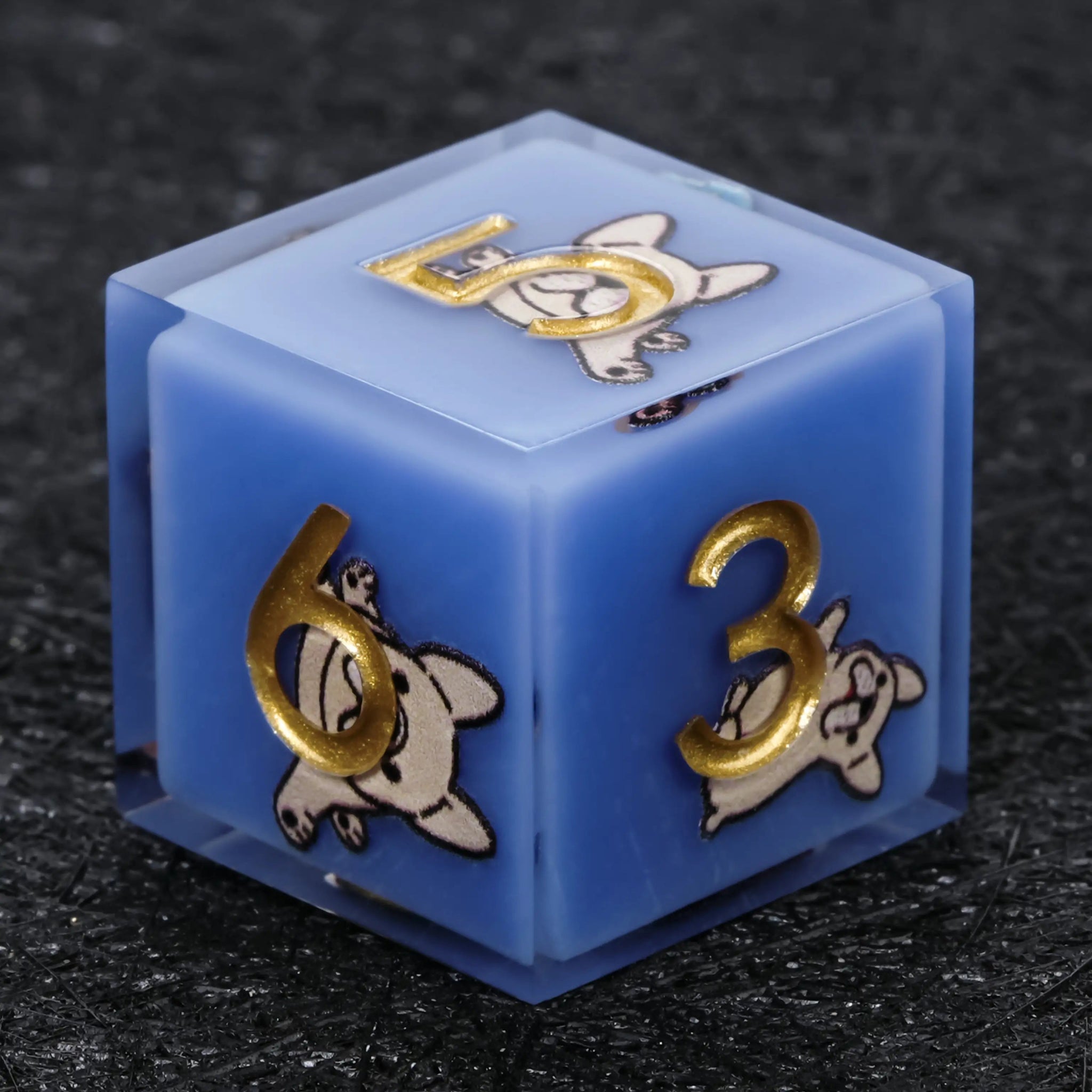 Kickstarter Dice – Sharp-Edged Blue Resin Bulldog DND D6 Dice with Gold Numbers | Bear Dice