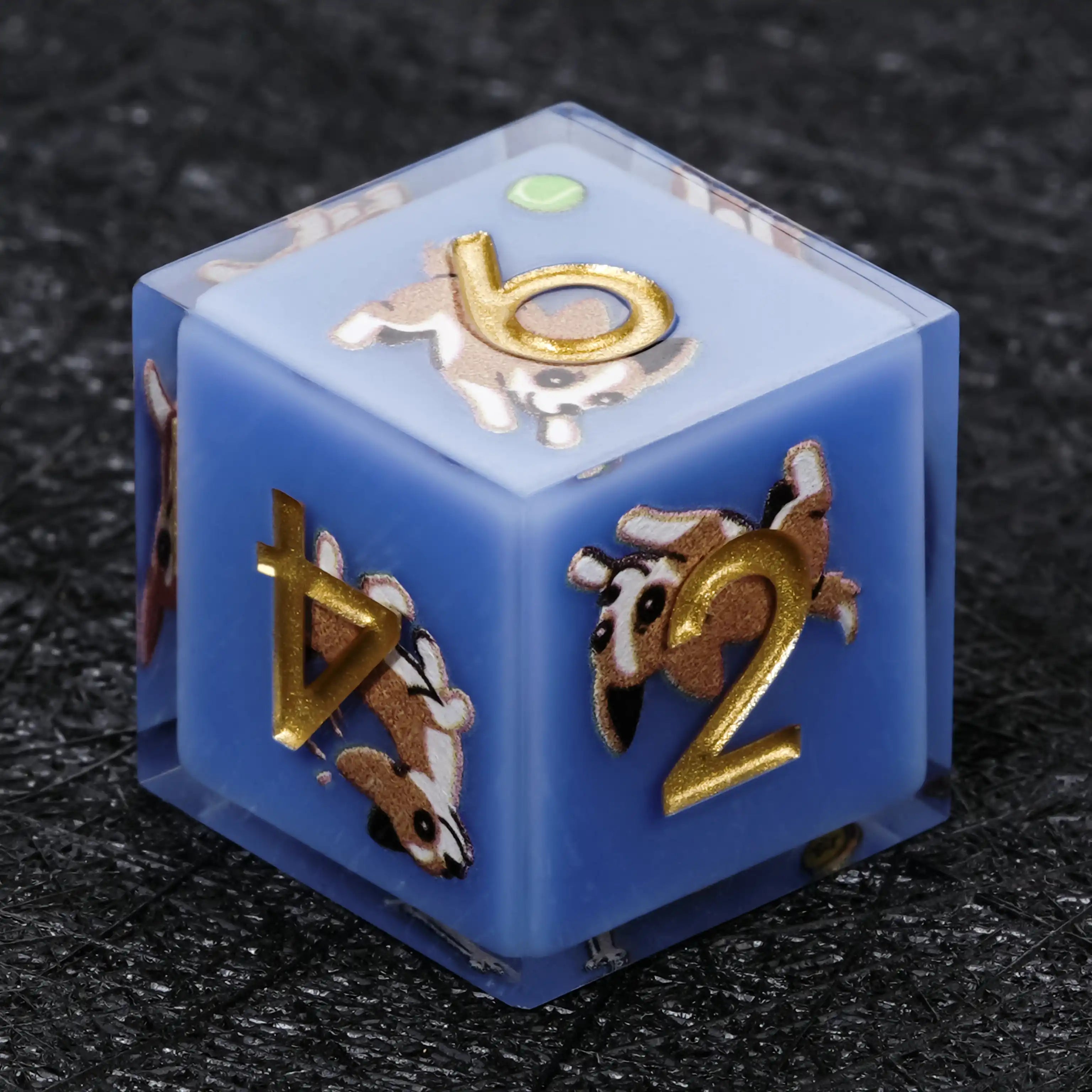 Kickstarter Dice – Sharp-Edged Blue Resin Chihuahua DND D6 Dice with Gold Numbers | Bear Dice