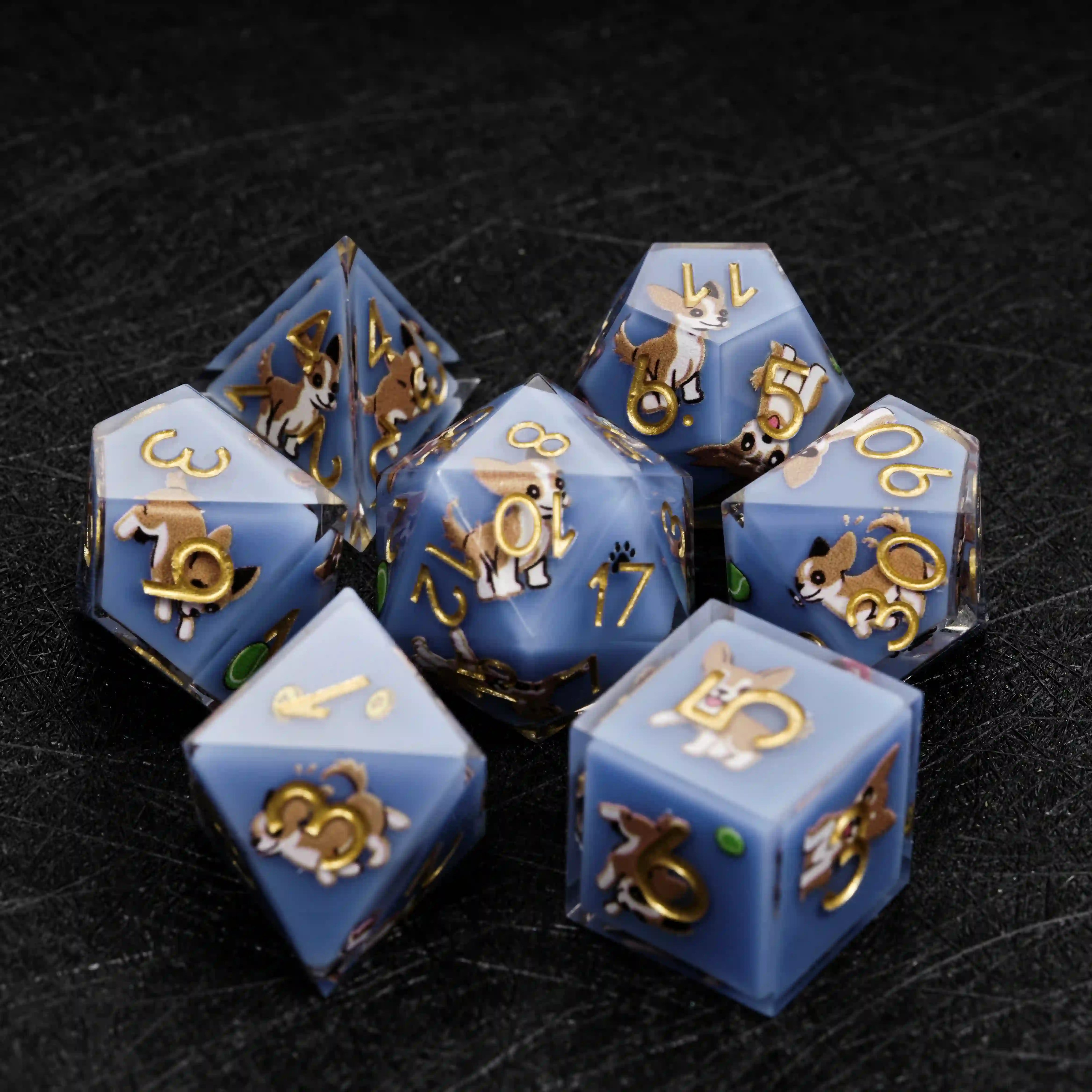 Kickstarter Dice – Sharp-Edged Blue Resin Chihuahua DND Dice Set | Bear Dice