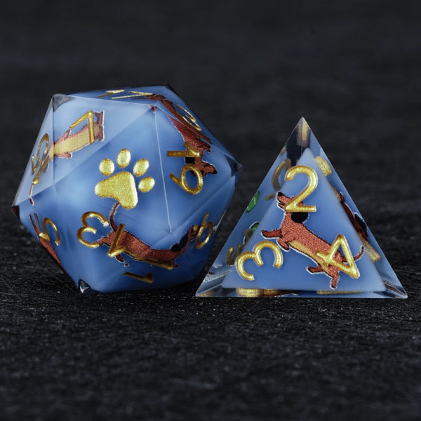 Kickstarter Dice – Sharp-Edged Blue Resin Dachshund DND D20 and D4 Dice | Bear Dice