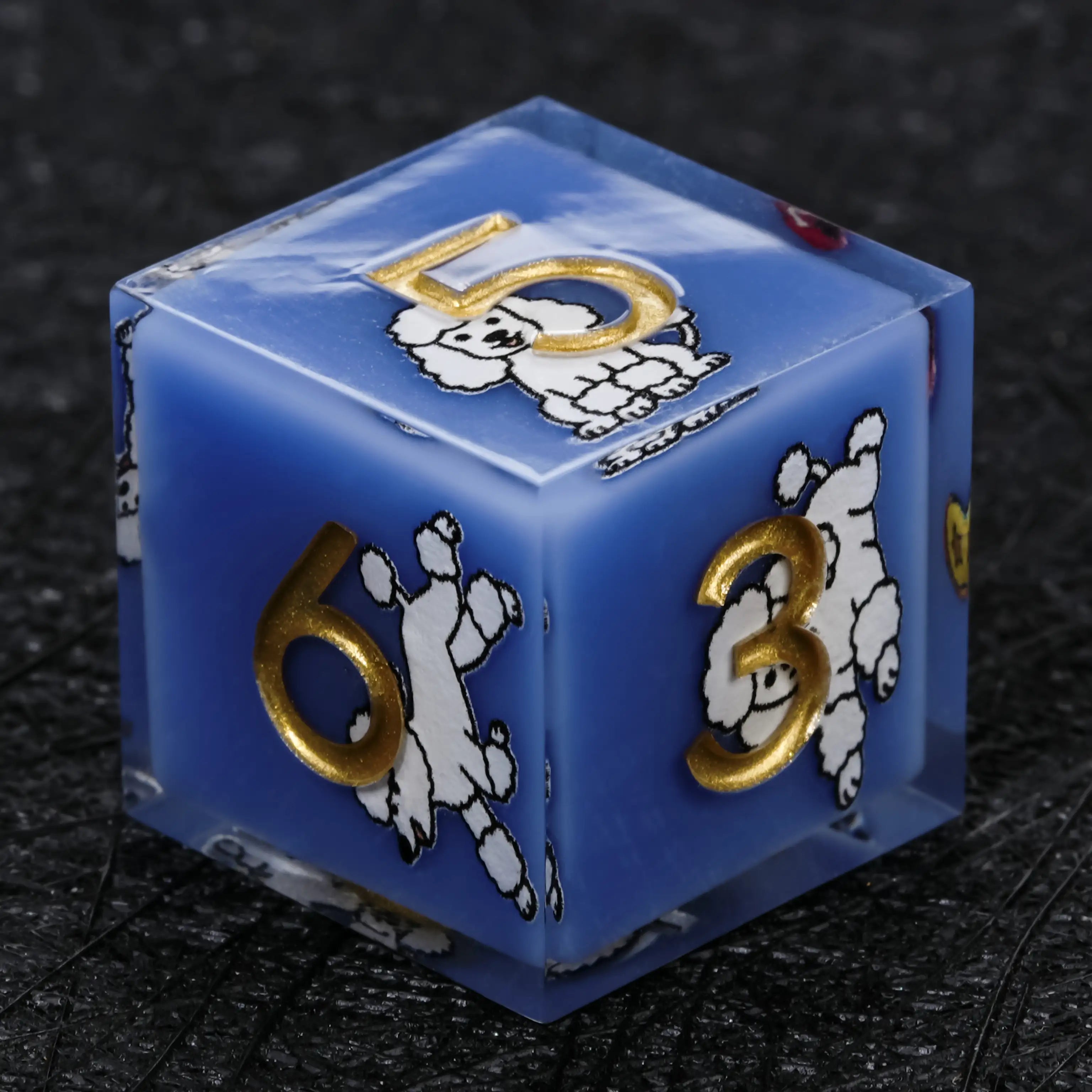 Kickstarter Dice – Sharp-Edged Blue Resin Poodle DND D6 Dice with Gold Numbers | Bear Dice