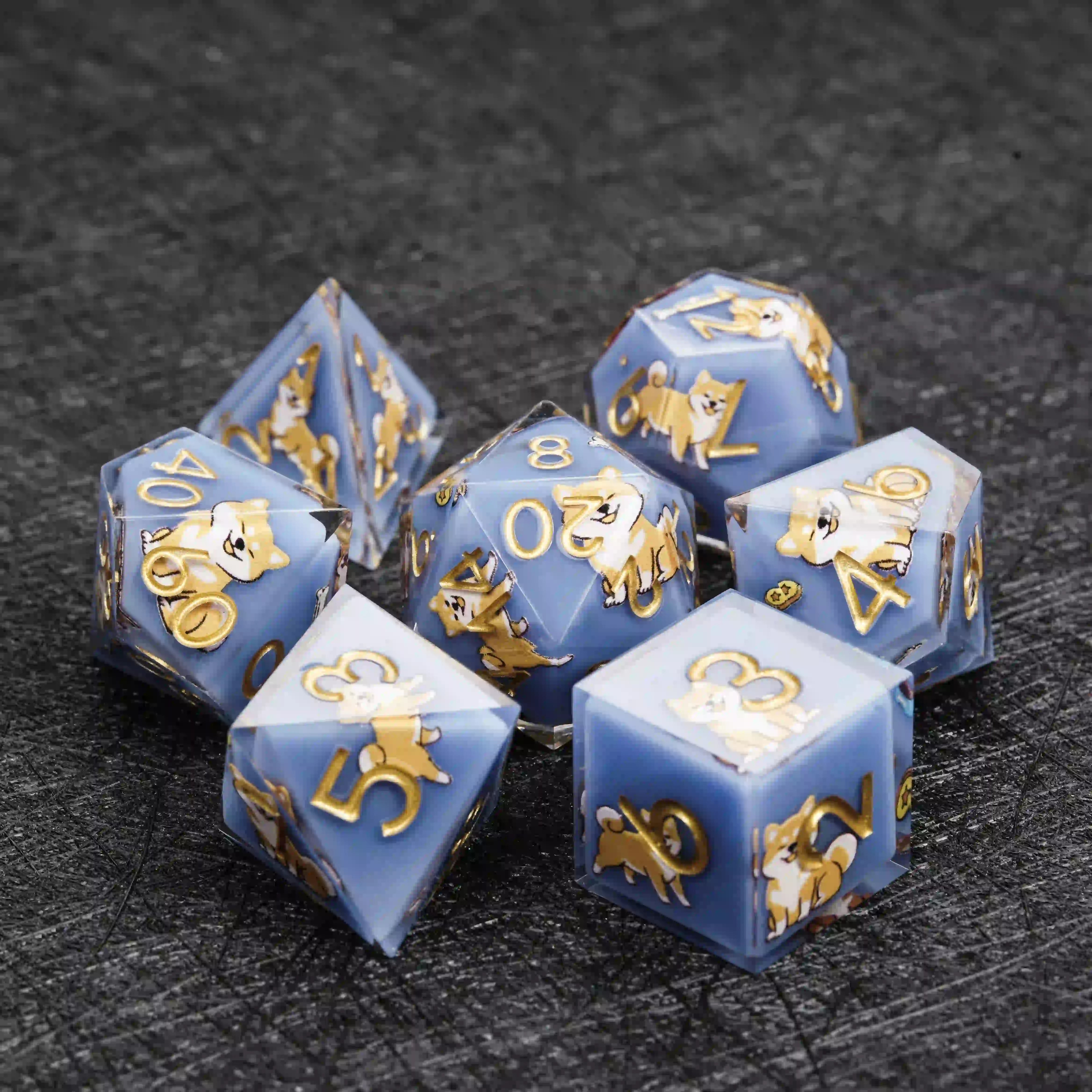 Kickstarter Dice – Sharp-Edged Blue Resin Shiba Inu DND Dice Set | Bear Dice