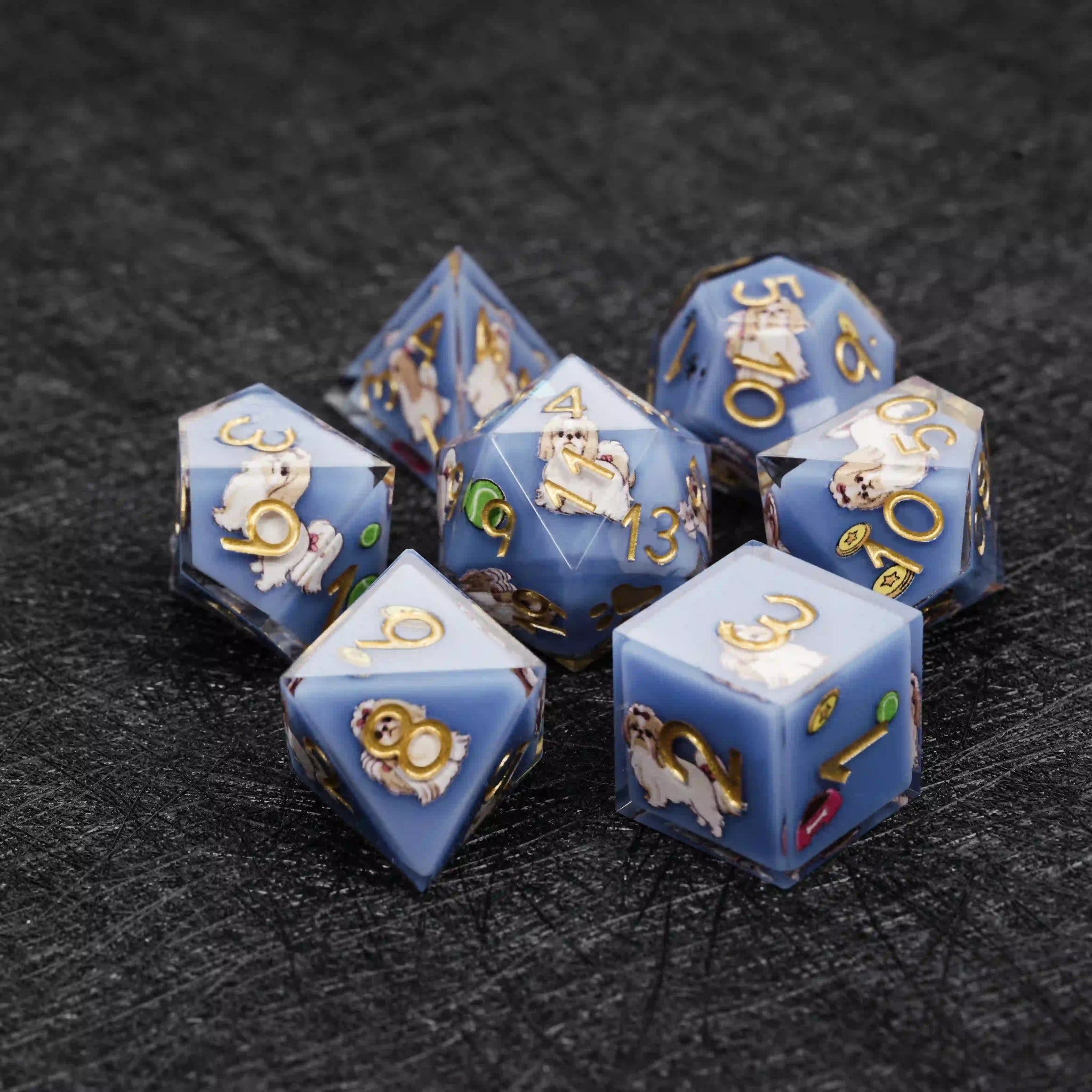 Kickstarter Dice – Sharp-Edged Blue Resin Shih Tzu DND Dice Set | Bear Dice