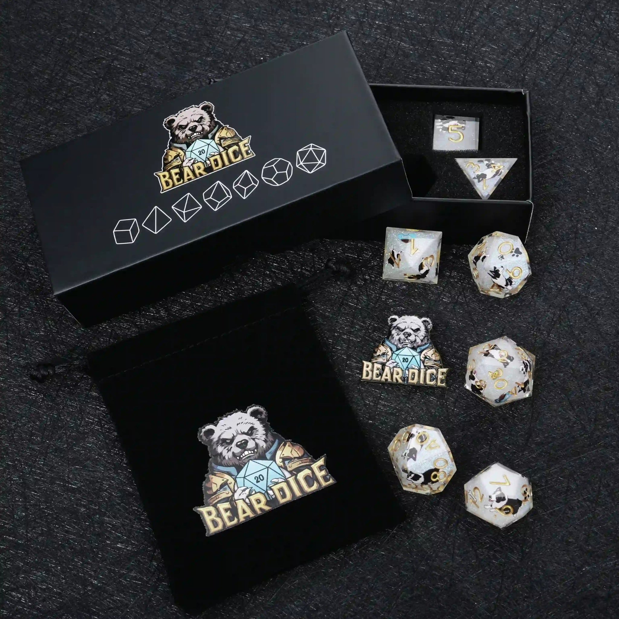 Kickstarter Dice – Sharp-Edged Border Collie DND Dice Set with Gold Numbers, includes a black sponge-lined dice box and a black velvet dice drawstring bag | Bear Dice