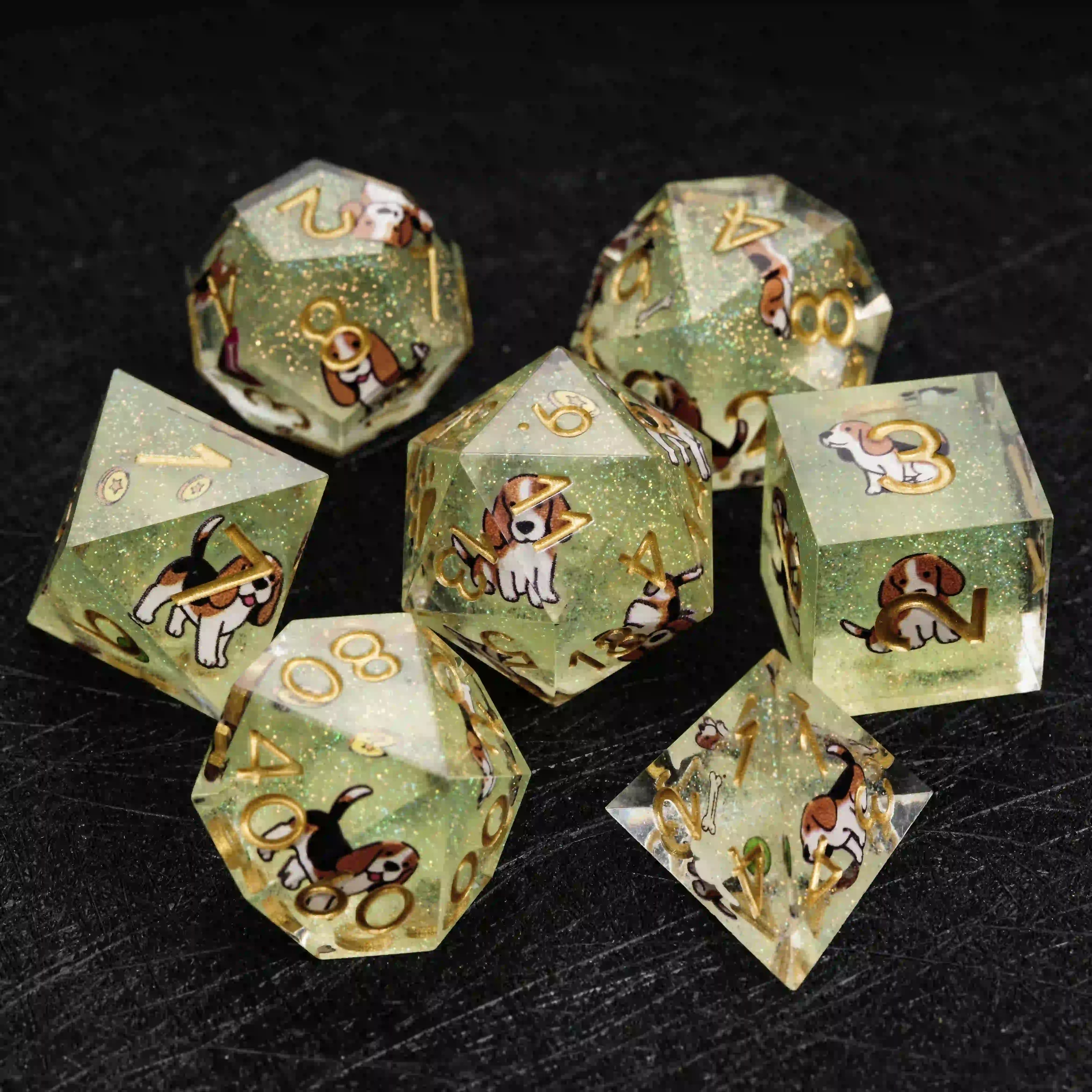 Kickstarter Dice – Sharp-Edged Green Glitter Resin Beagle DND Dice Set | Bear Dice