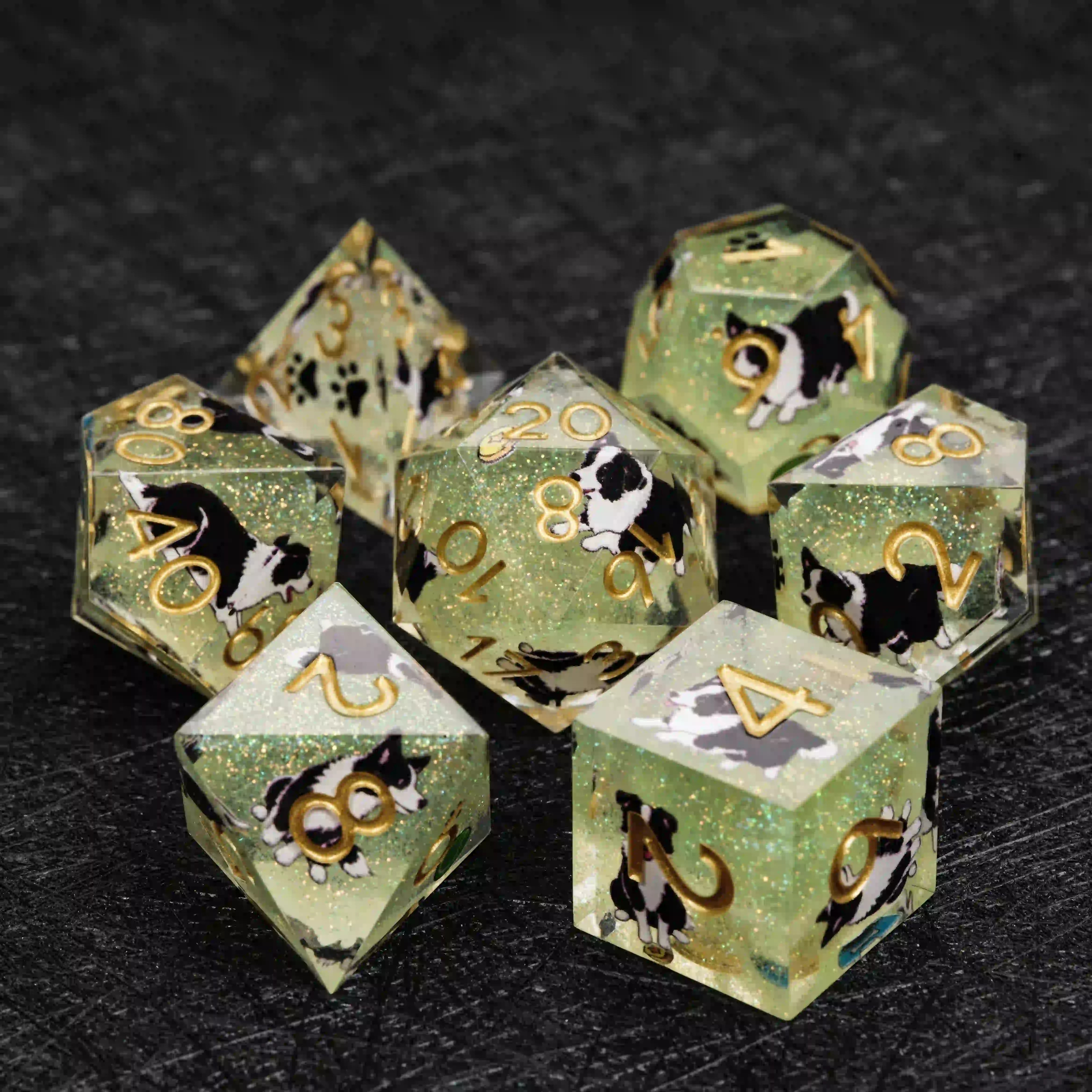 Kickstarter Dice – Sharp-Edged Green Glitter Resin Border Collie DND Dice Set | Bear Dice