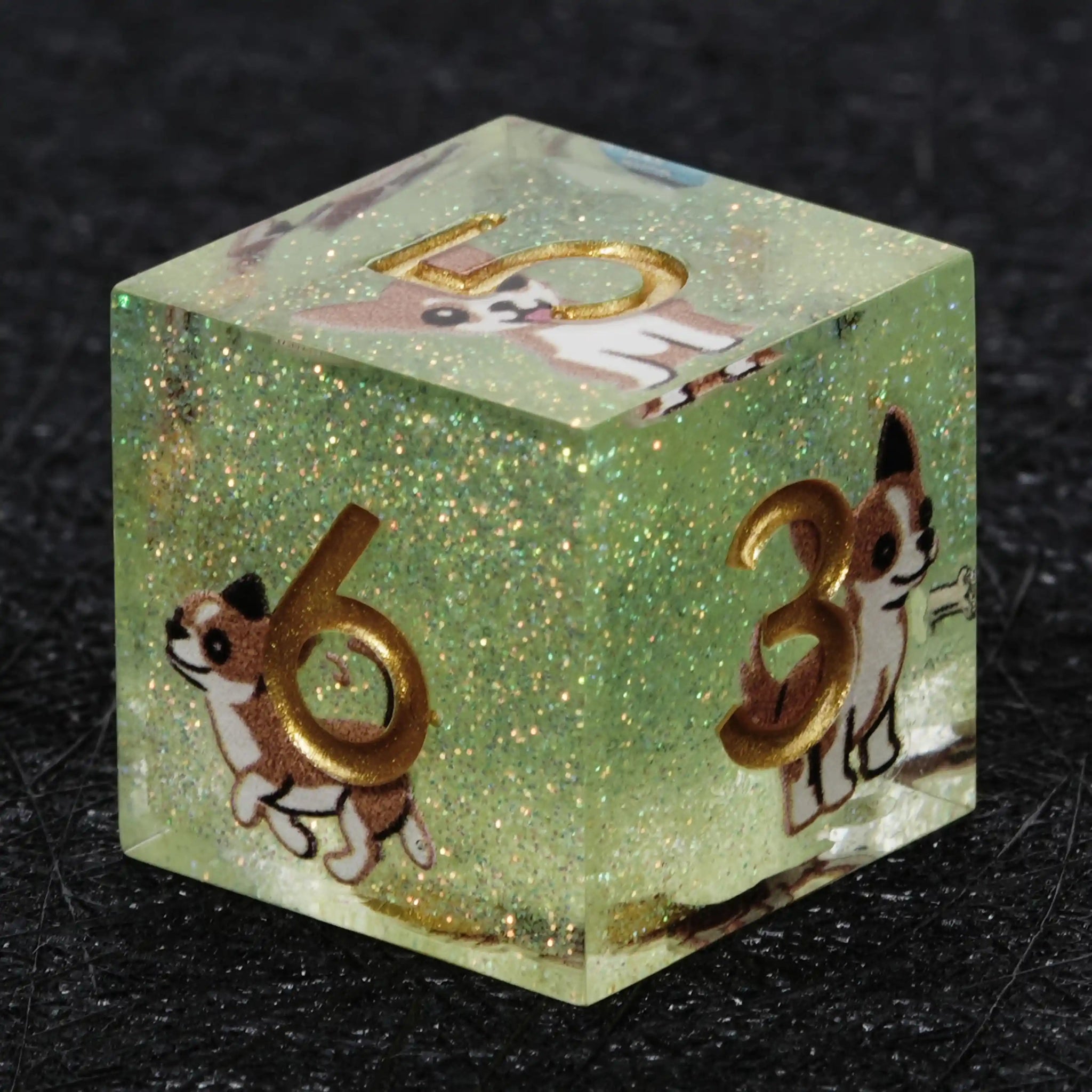 Kickstarter Dice – Sharp-Edged Green Glitter Resin Chihuahua DND D6 Dice with Gold Numbers | Bear Dice