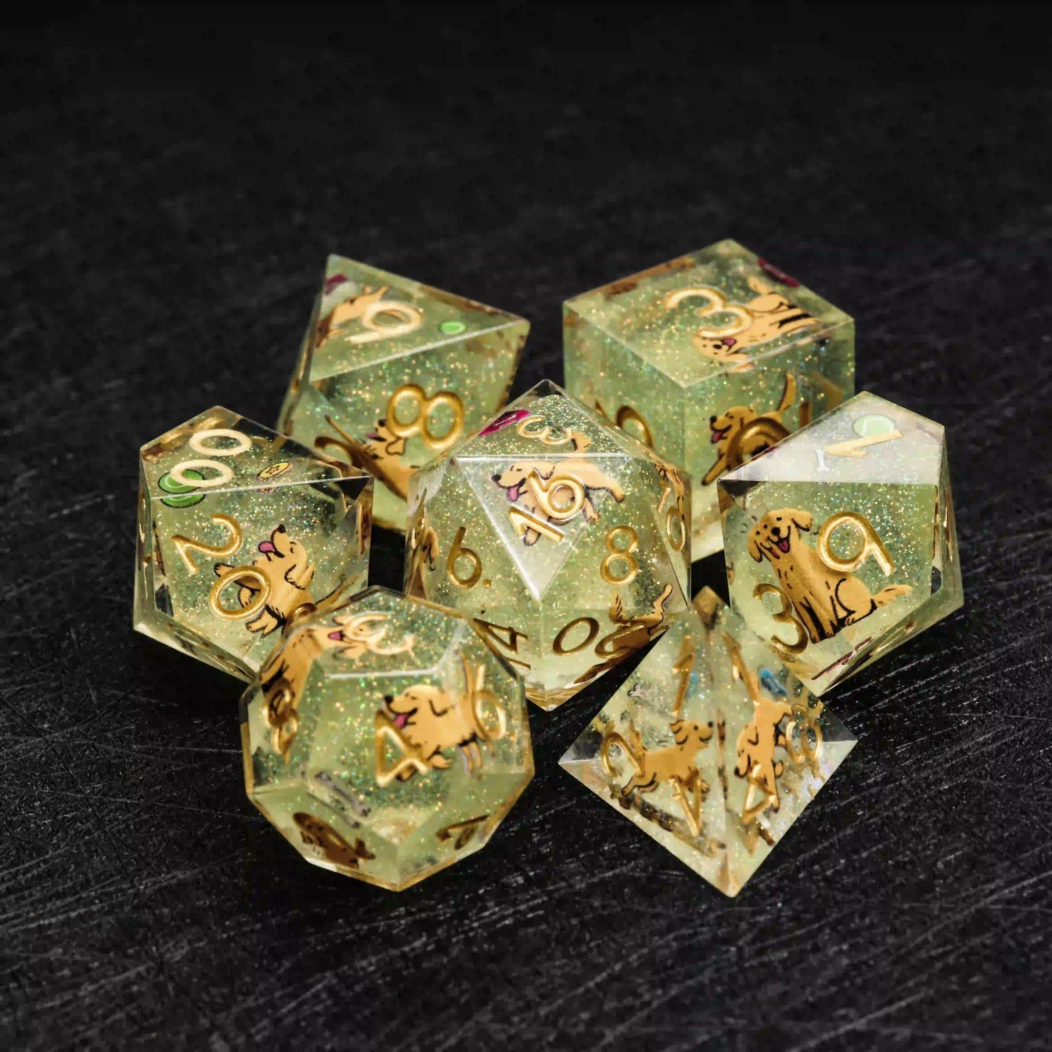 Kickstarter Dice – Sharp-Edged Green Glitter Resin Golden Retriever DND Dice Set | Bear Dice