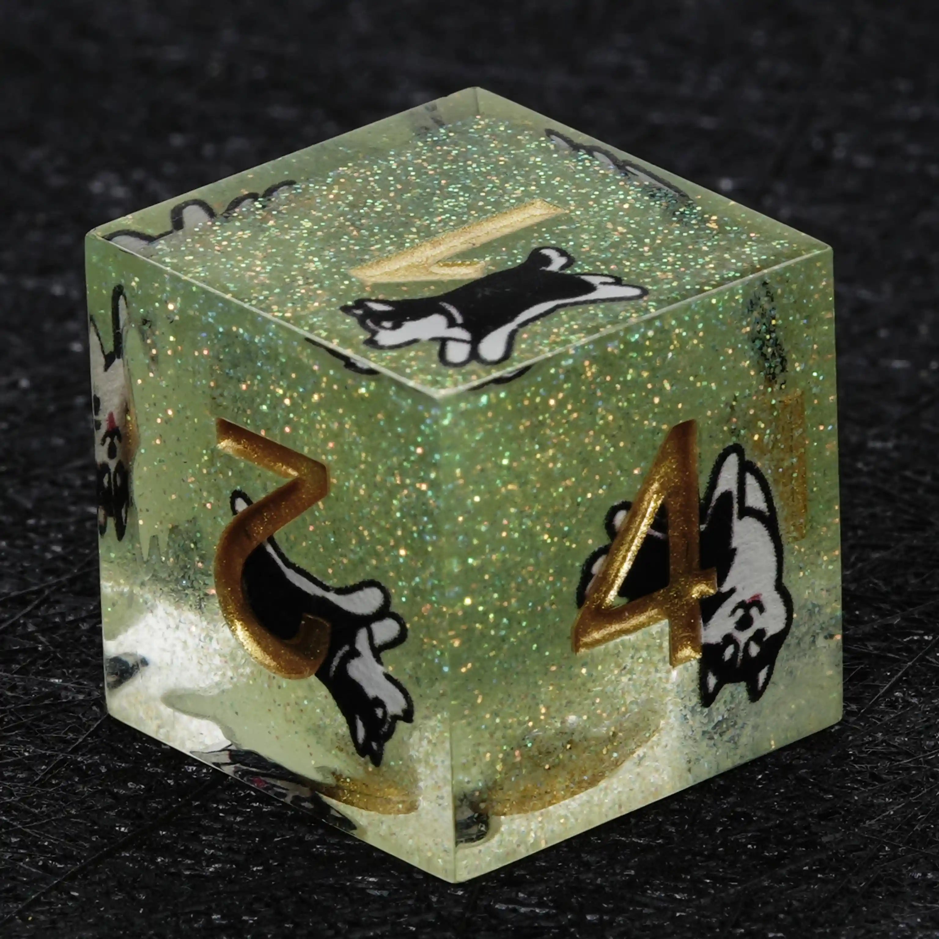Kickstarter Dice – Sharp-Edged Green Glitter Resin Husky DND D6 Dice with Gold Numbers | Bear Dice