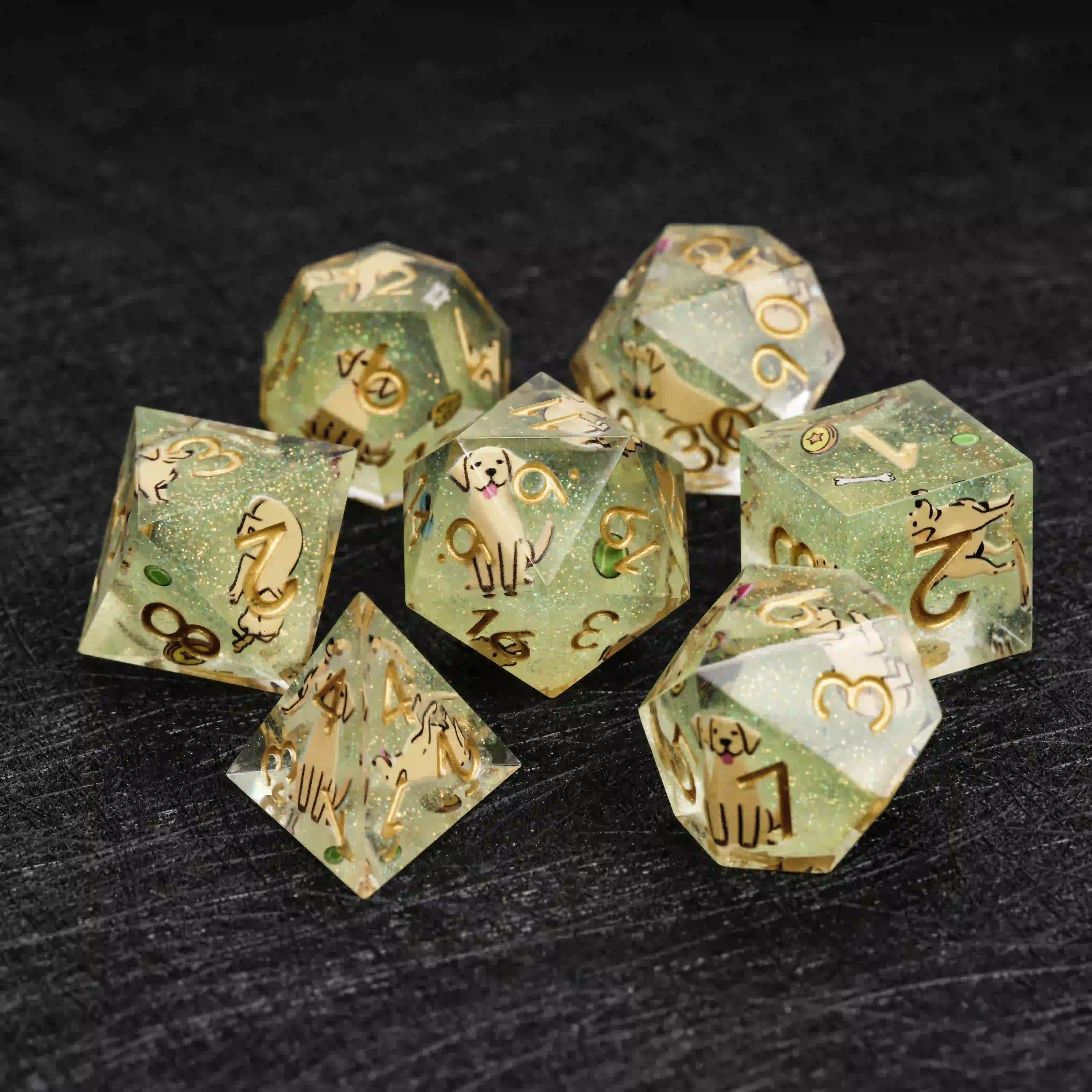 Kickstarter Dice – Sharp-Edged Green Glitter Resin Labrador DND Dice Set | Bear Dice