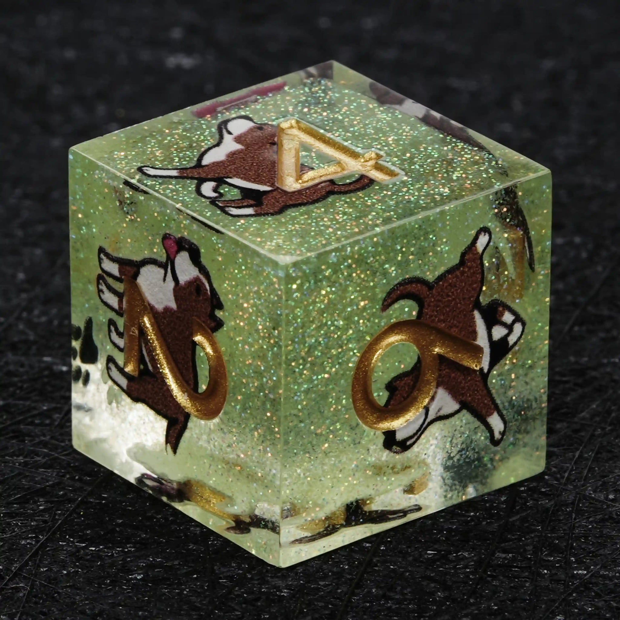 Kickstarter Dice – Sharp-Edged Green Glitter Resin Pit Bull DND D6 Dice with Gold Numbers | Bear Dice