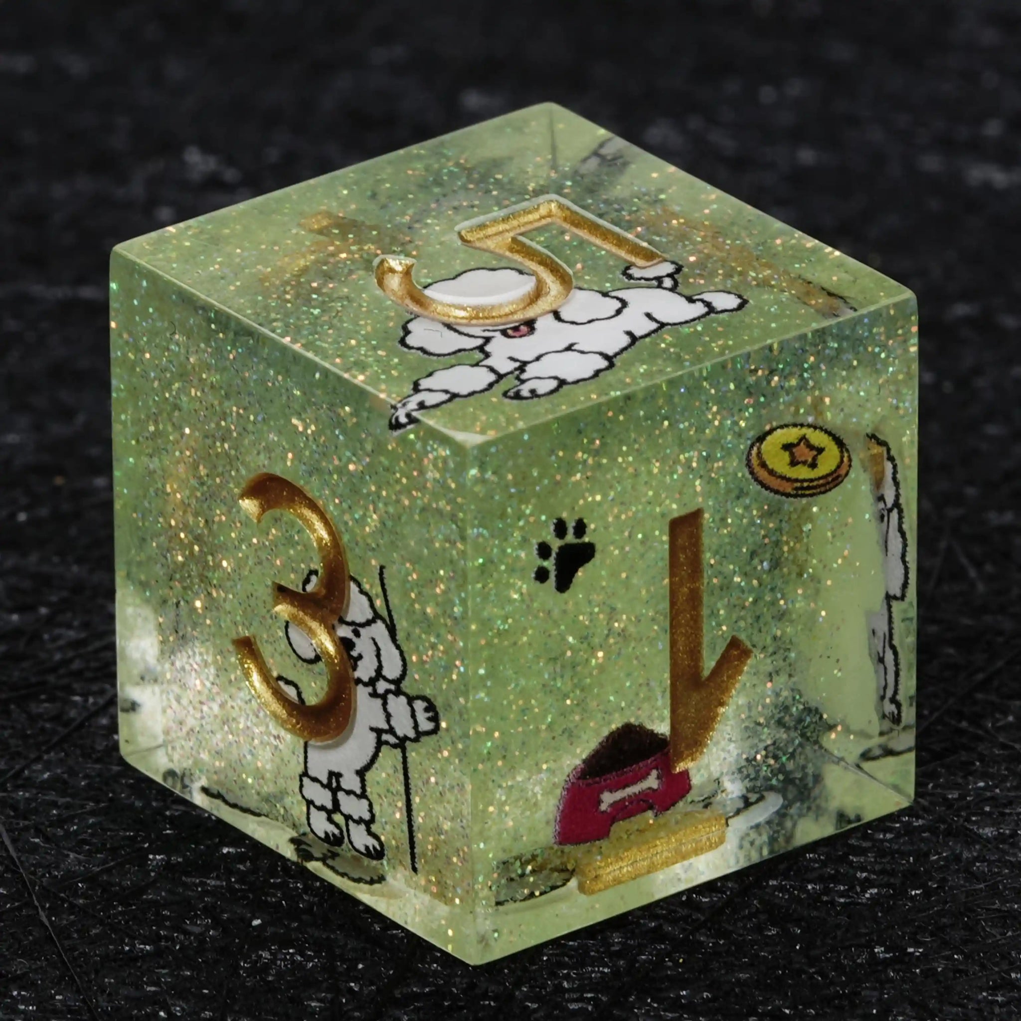 Kickstarter Dice – Sharp-Edged Green Glitter Resin Poodle DND D6 Dice with Gold Numbers | Bear Dice