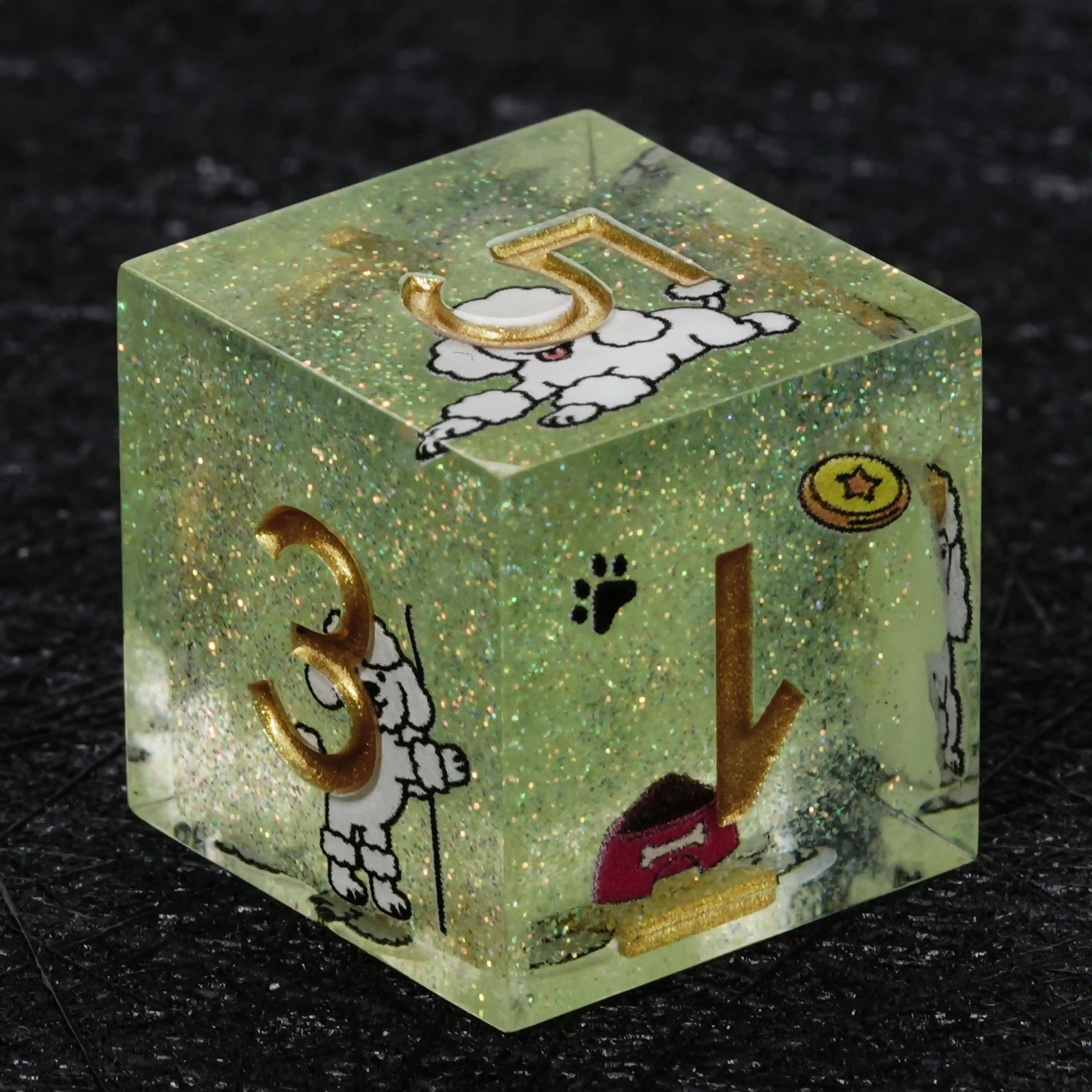 Kickstarter Dice – Sharp-Edged Green Glitter Resin Poodle DND D6 Dice with Gold Numbers | Bear Dice