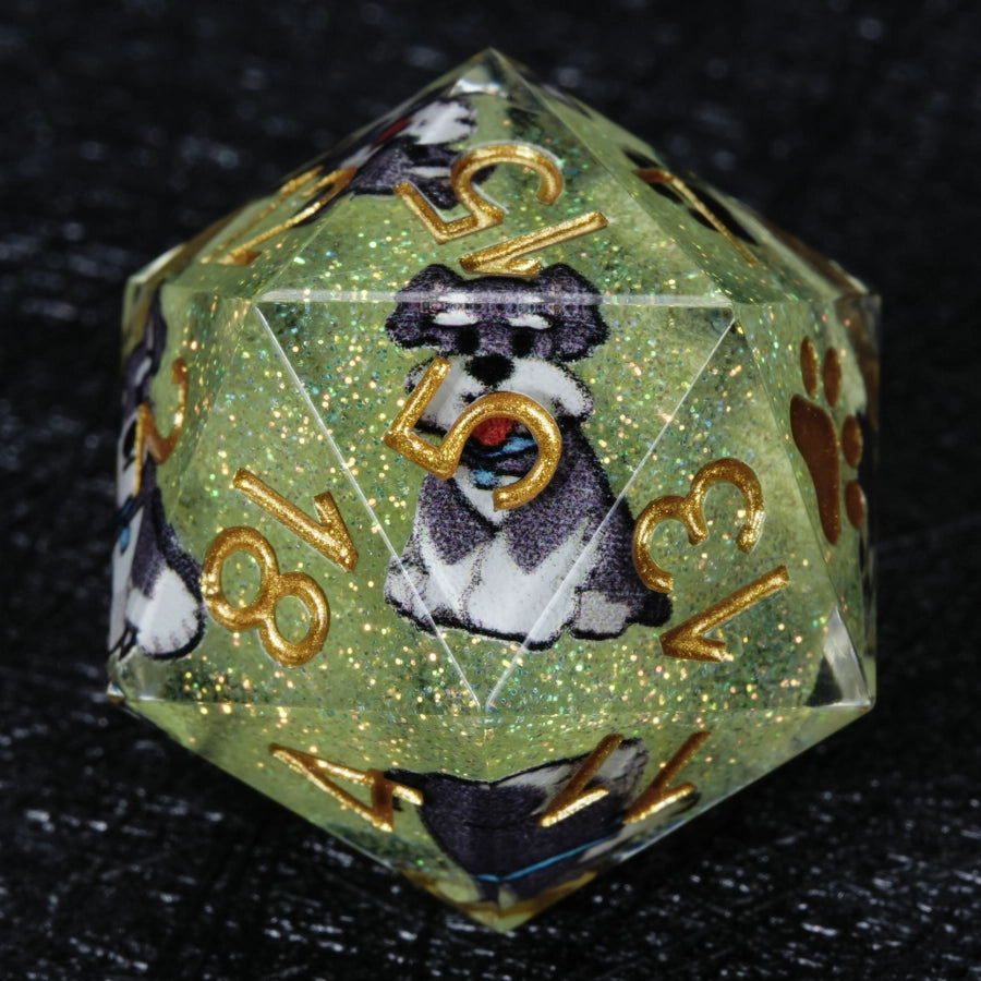 Kickstarter Dice – Handcrafted Sharp-Edged Green Glitter Resin Schnauzer DND D20 Dice with Gold Paw Prints on the "1" Face | Bear Dice
