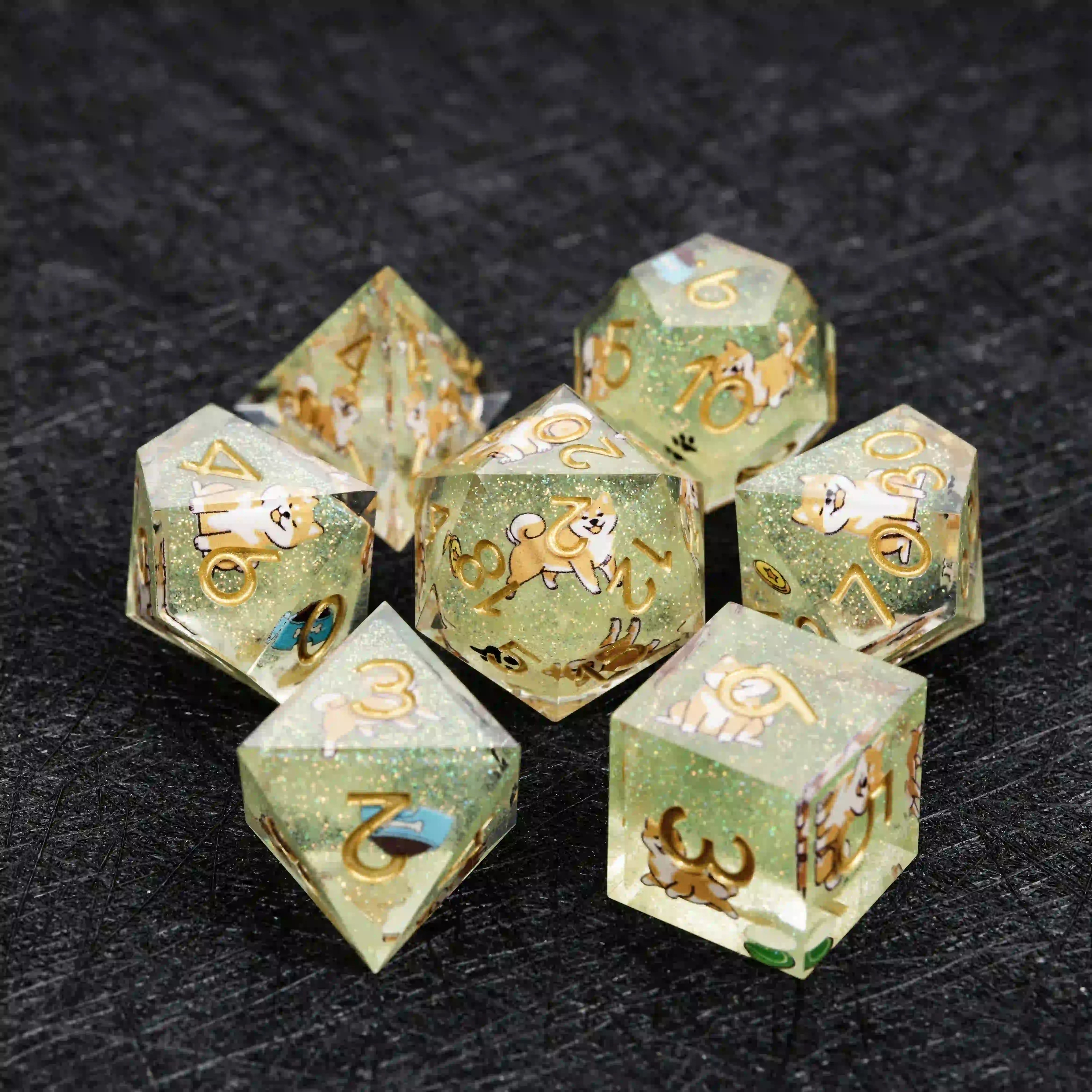 Kickstarter Dice – Sharp-Edged Green Glitter Resin Shiba Inu DND Dice Set | Bear Dice