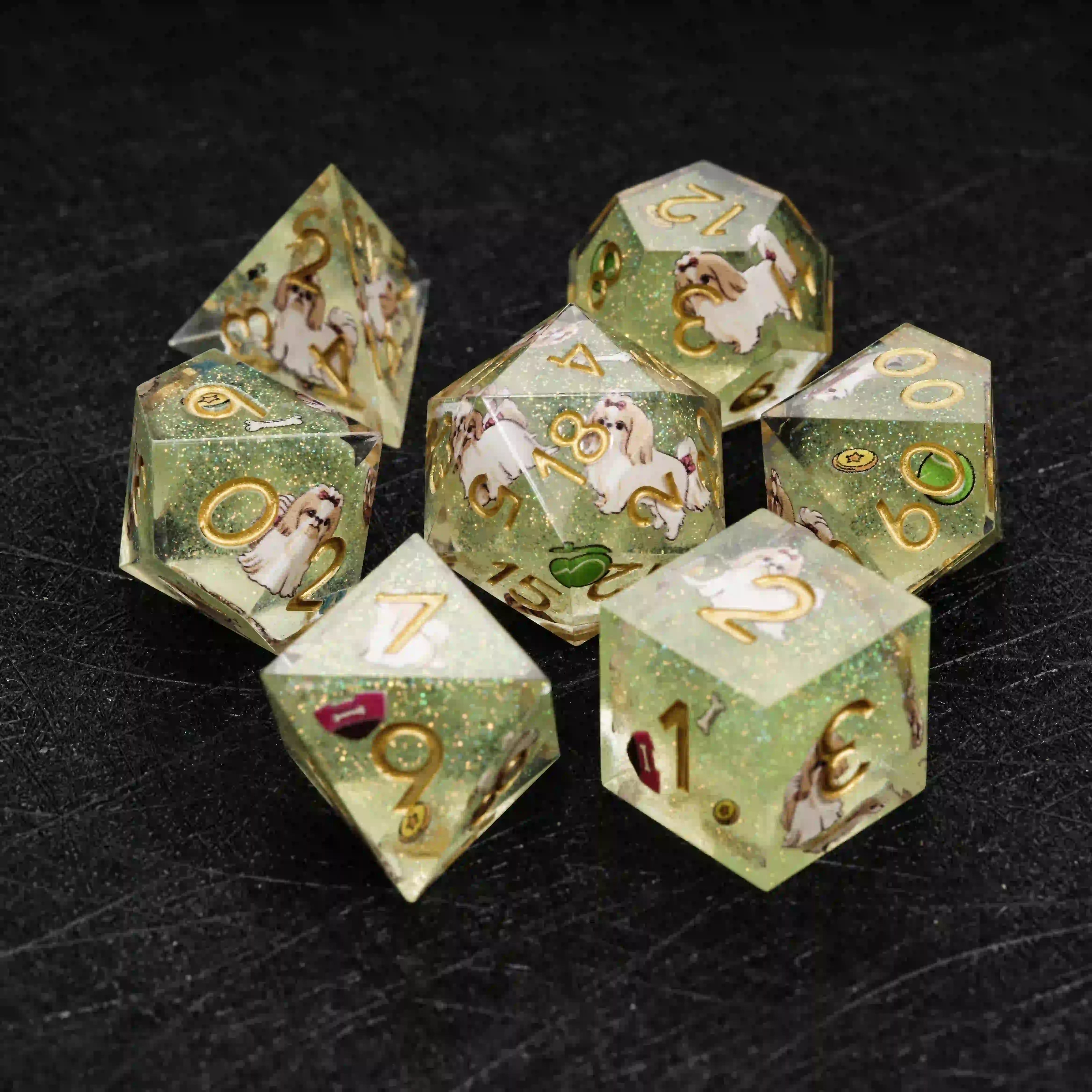 Kickstarter Dice – Sharp-Edged Green Glitter Resin Shih Tzu DND Dice Set | Bear Dice