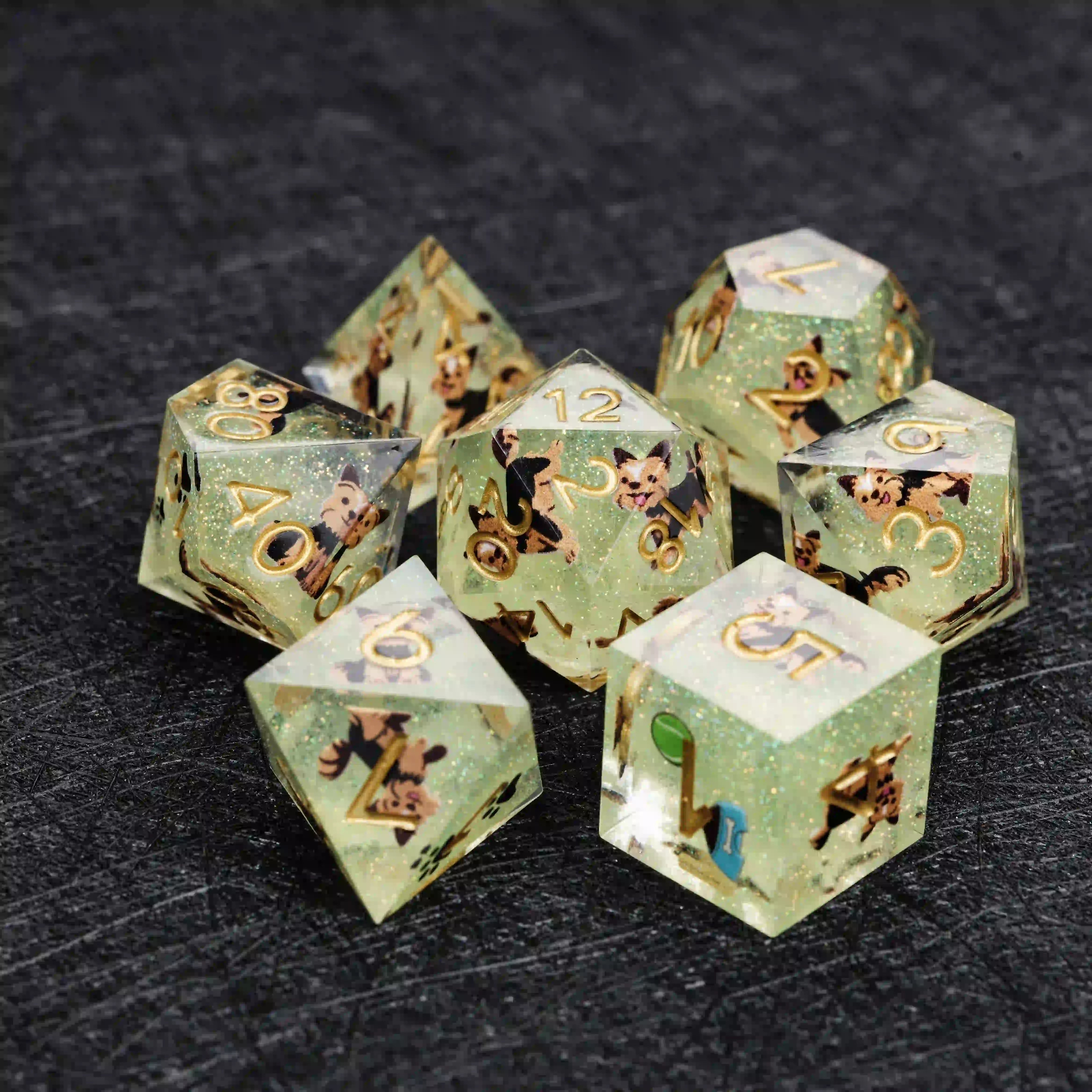 Kickstarter Dice – Sharp-Edged Green Glitter Resin Yorkshire DND Dice Set | Bear Dice