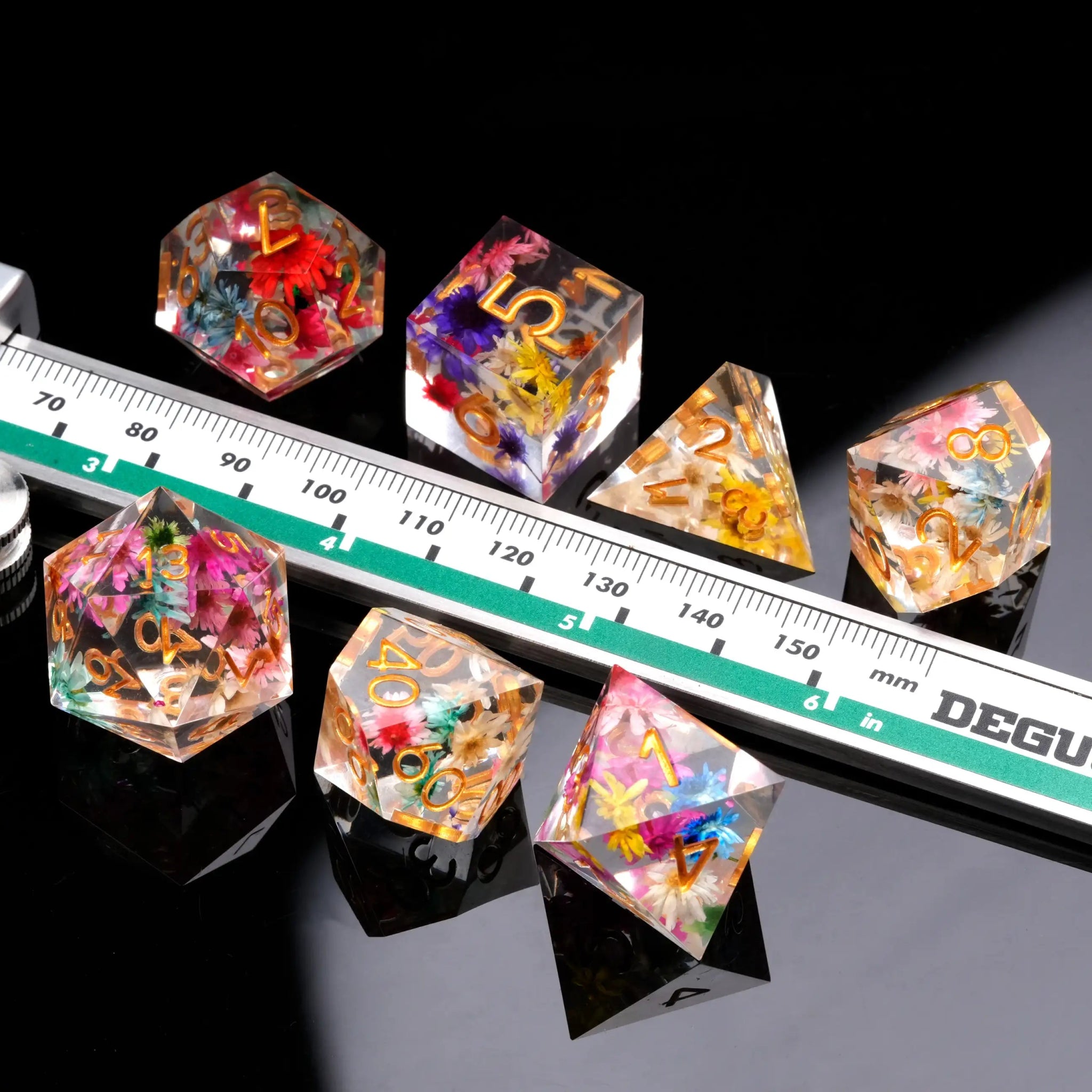 Transparent Polyhedron DND Colored Dried Flower Dice Set with Engraved Gold Font and Sharp Edges | Bear Dice