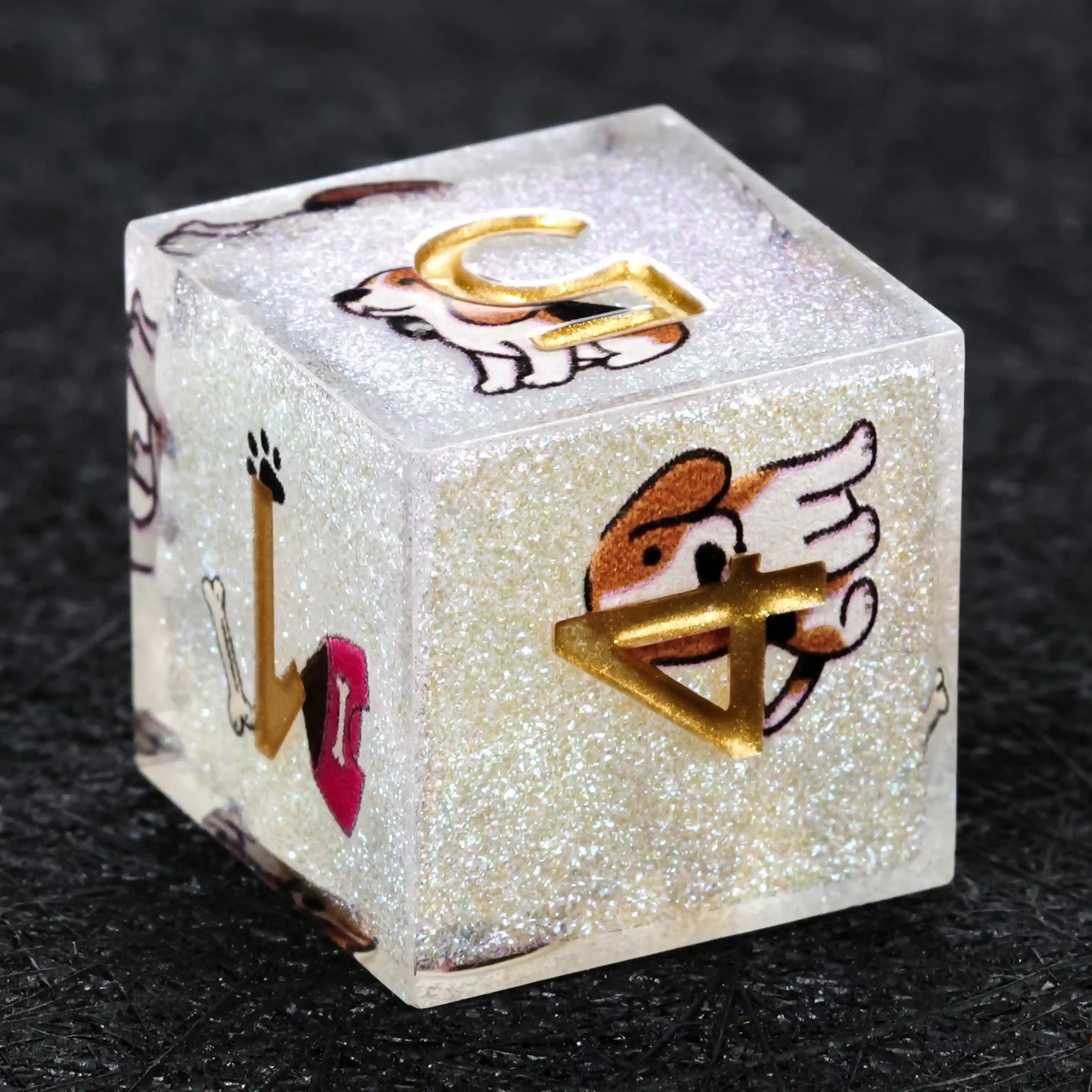 Kickstarter Dice – Sharp-Edged White Glitter Resin Beagle DND D6 Dice with Gold Numbers | Bear Dice