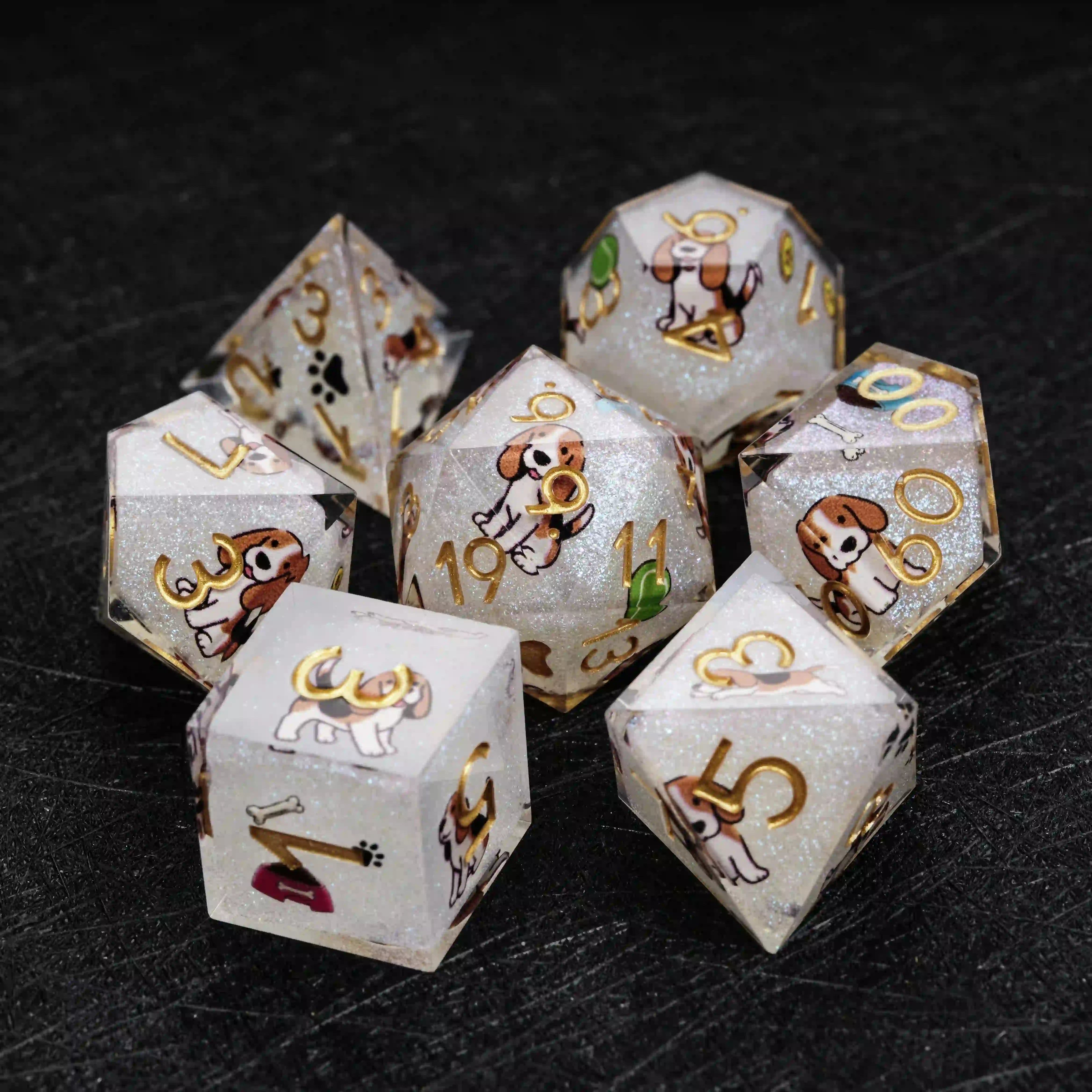 Kickstarter Dice – Sharp-Edged White Glitter Resin Beagle DND Dice Set | Bear Dice