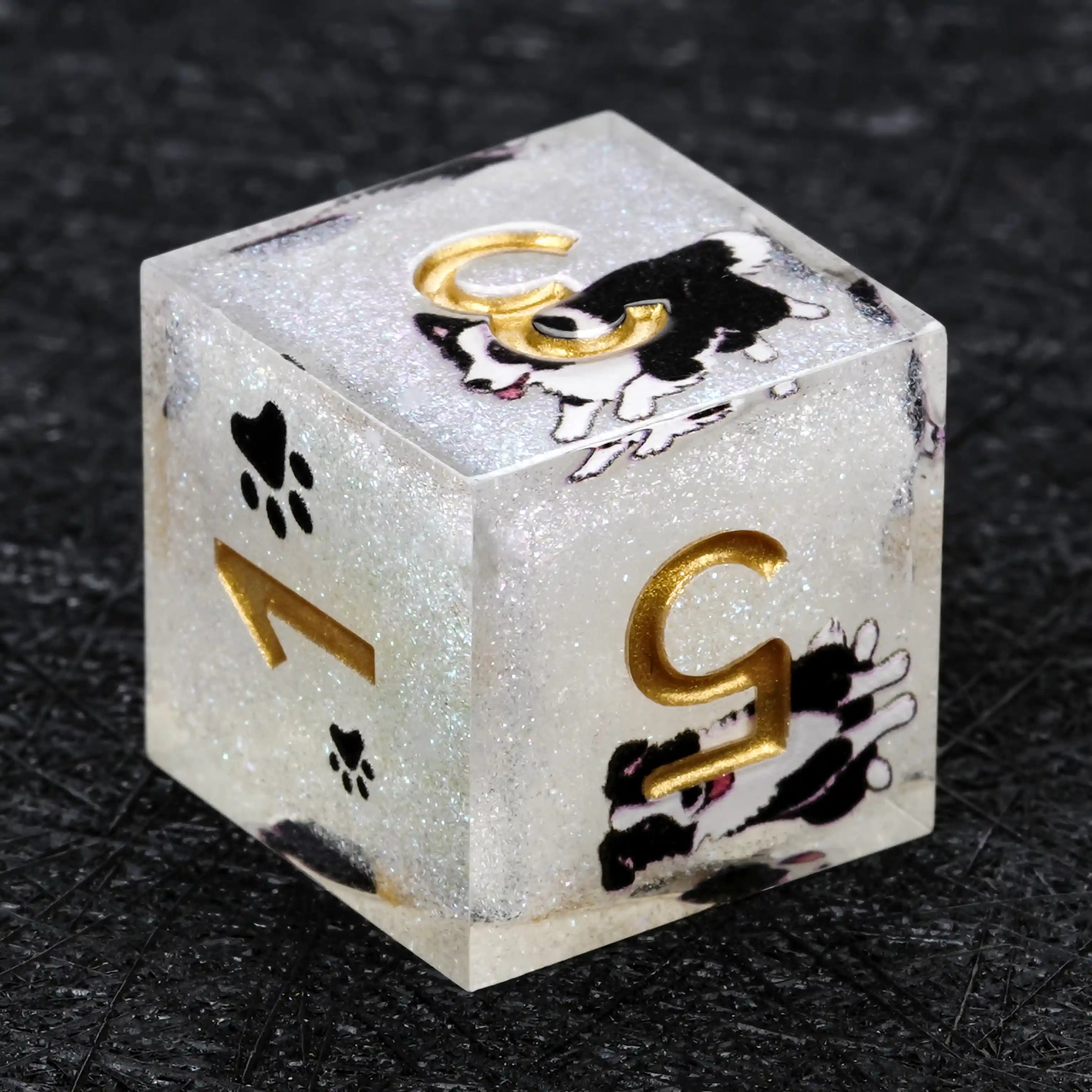 Kickstarter Dice – Sharp-Edged White Glitter Resin Border Collie DND D6 Dice with Gold Numbers | Bear Dice