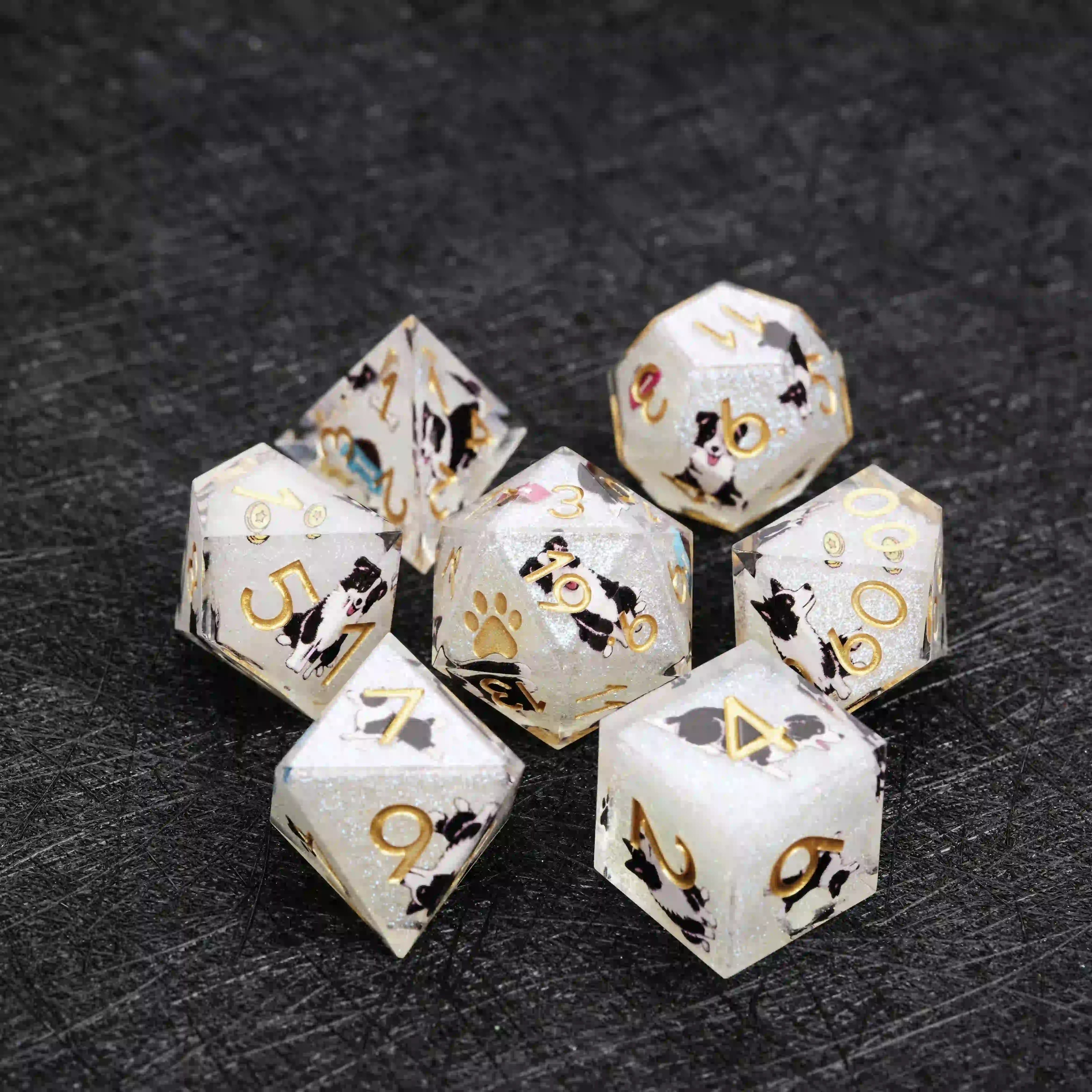 Kickstarter Dice – Sharp-Edged White Glitter Resin Border Collie DND Dice Set | Bear Dice