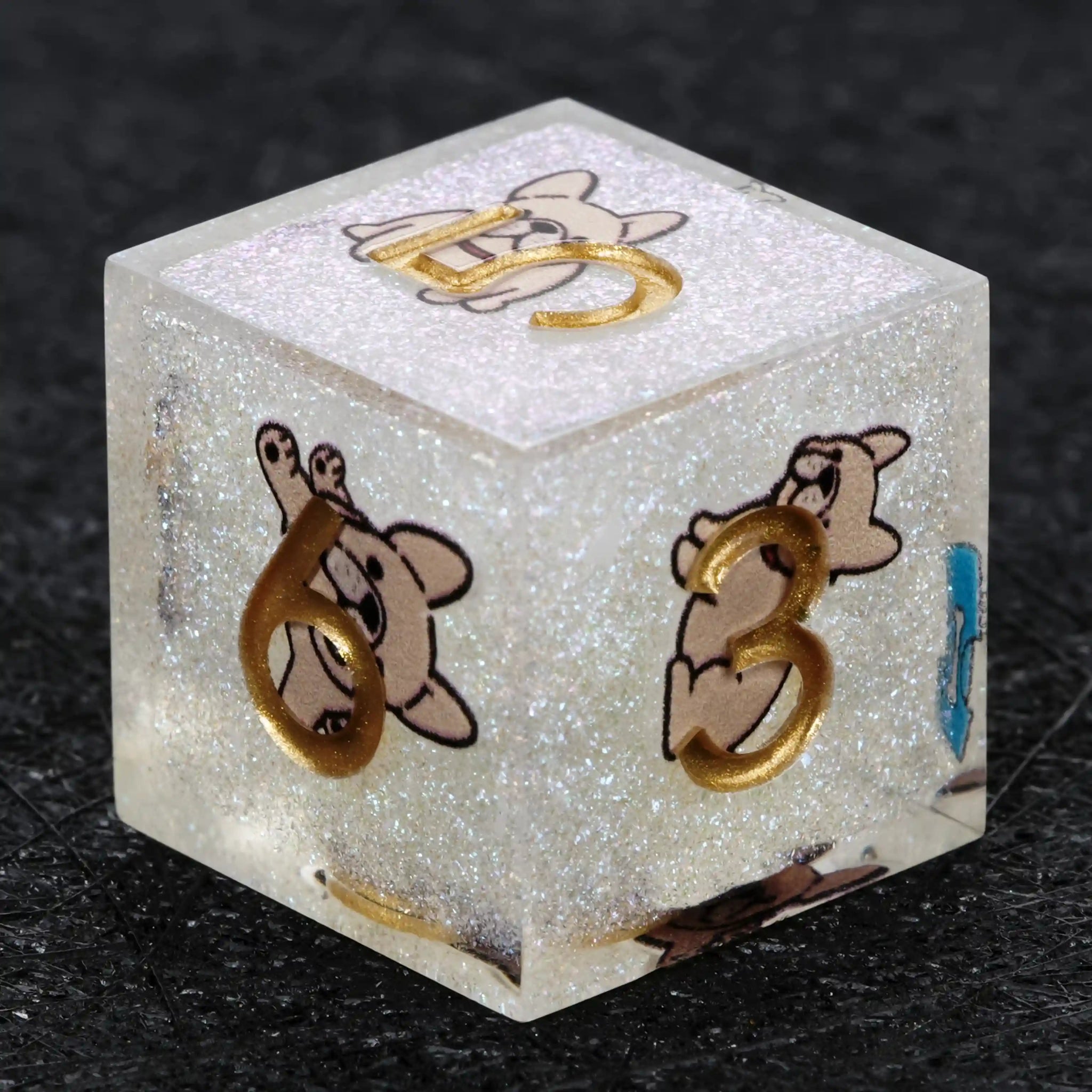 Kickstarter Dice – Sharp-Edged White Glitter Resin Bulldog DND D6 Dice with Gold Numbers | Bear Dice