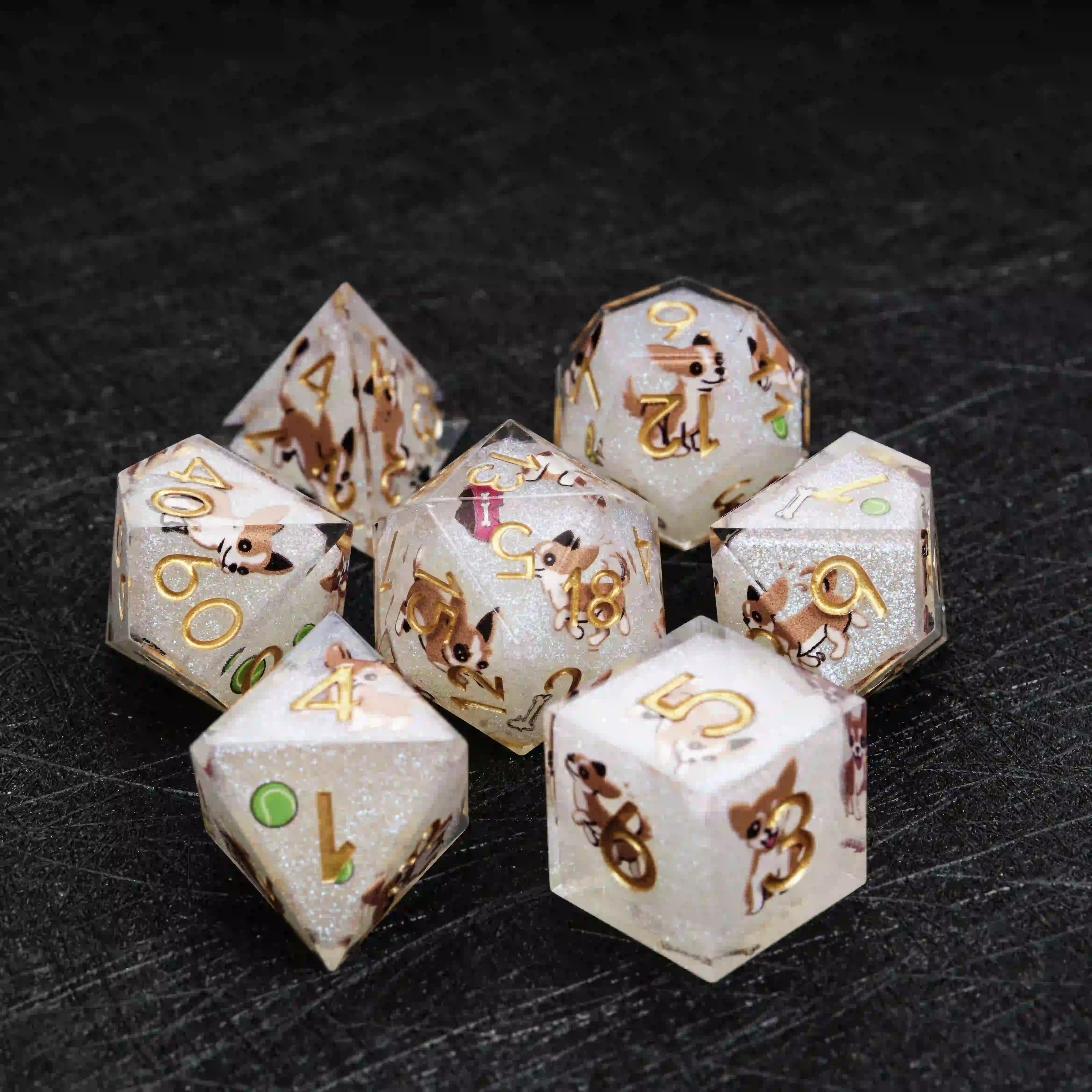 Kickstarter Dice – Sharp-Edged White Glitter Resin Chihuahua DND Dice Set | Bear Dice