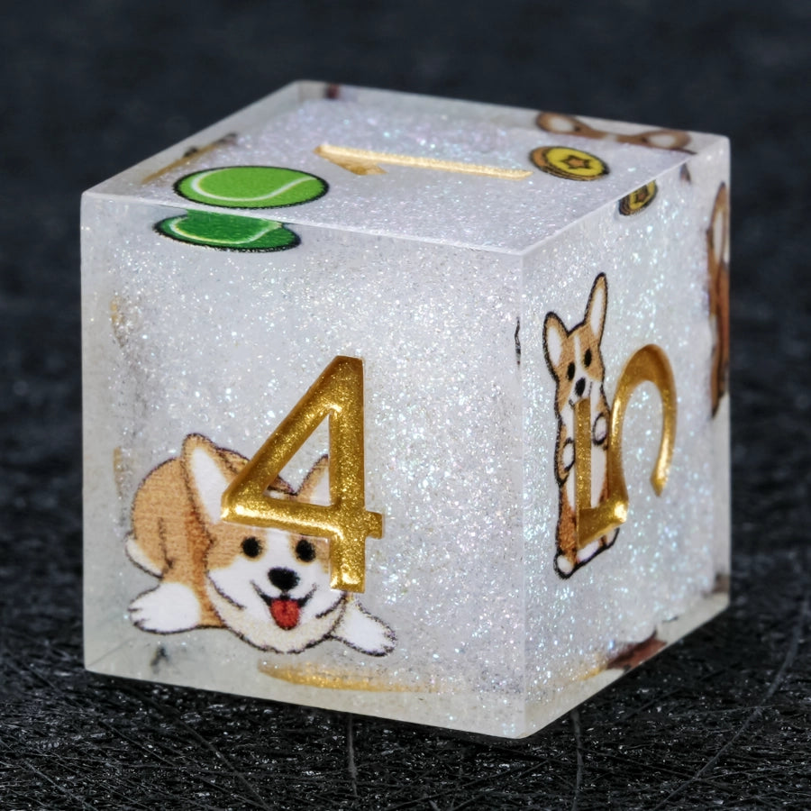 Kickstarter Dice – Handcrafted Sharp-Edged White Glitter Resin Corgi DND D6 Dice with Gold Numbers | Bear Dice
