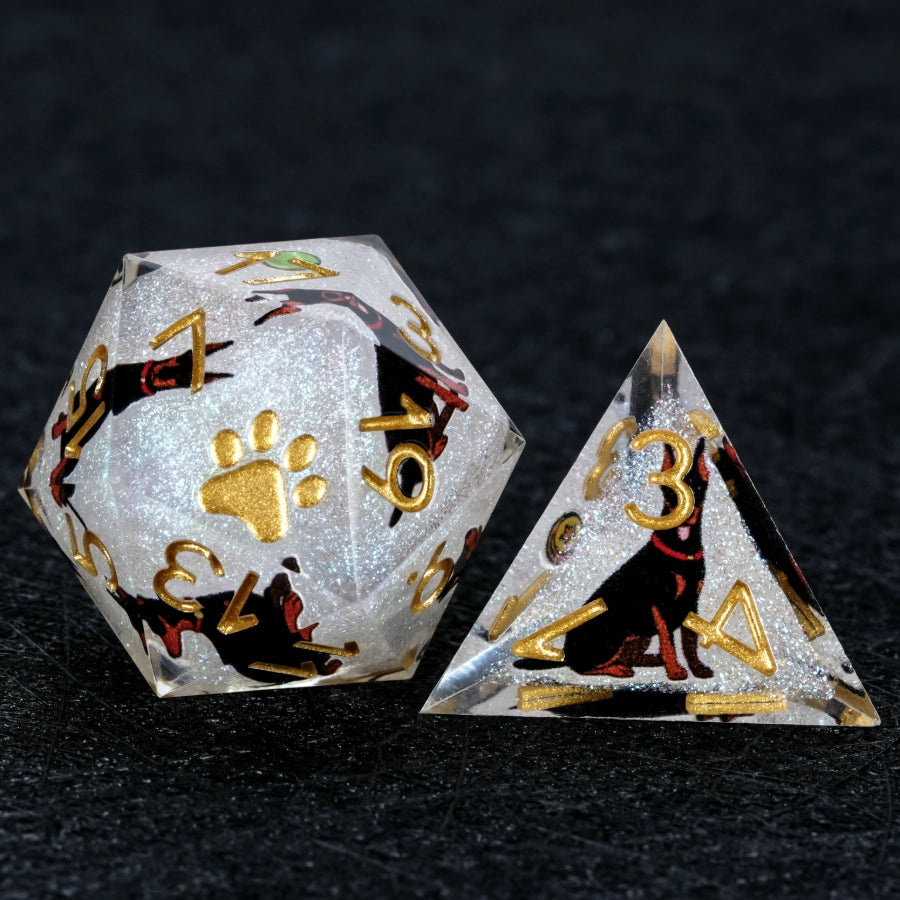 Kickstarter Dice – Sharp-Edged White Glitter Resin Doberman DND D20 and D4 Dice | Bear Dice