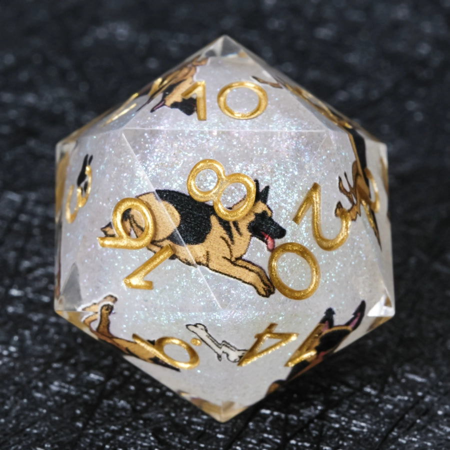 Kickstarter Dice – Handcrafted Sharp-Edged White Glitter Resin German Shepherd DND D20 Dice with Engraved Gold Paw Prints on the "1" Face | Bear Dice