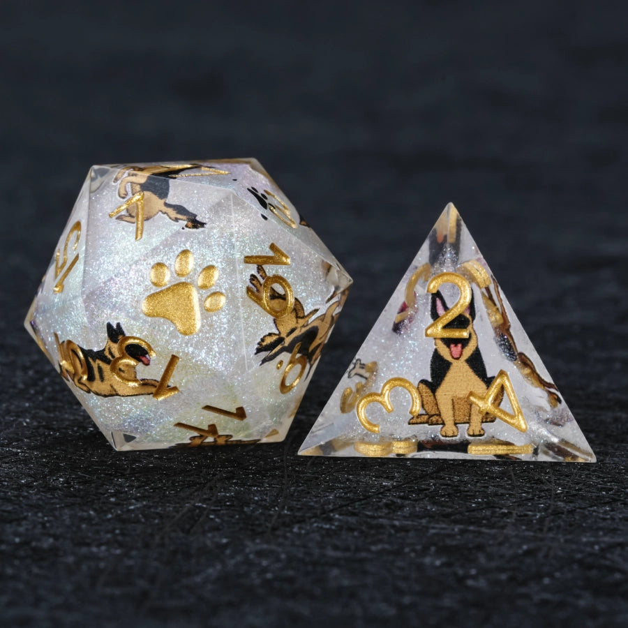 Kickstarter Dice – Sharp-Edged White Glitter Resin German Shepherd DND D20 and D4 Dice | Bear Dice
