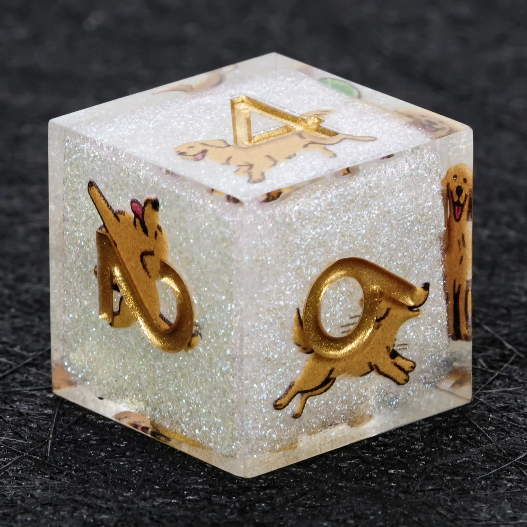 Kickstarter Dice – Sharp-Edged White Glitter Resin Golden Retriever DND D6 Dice with Gold Numbers | Bear Dice