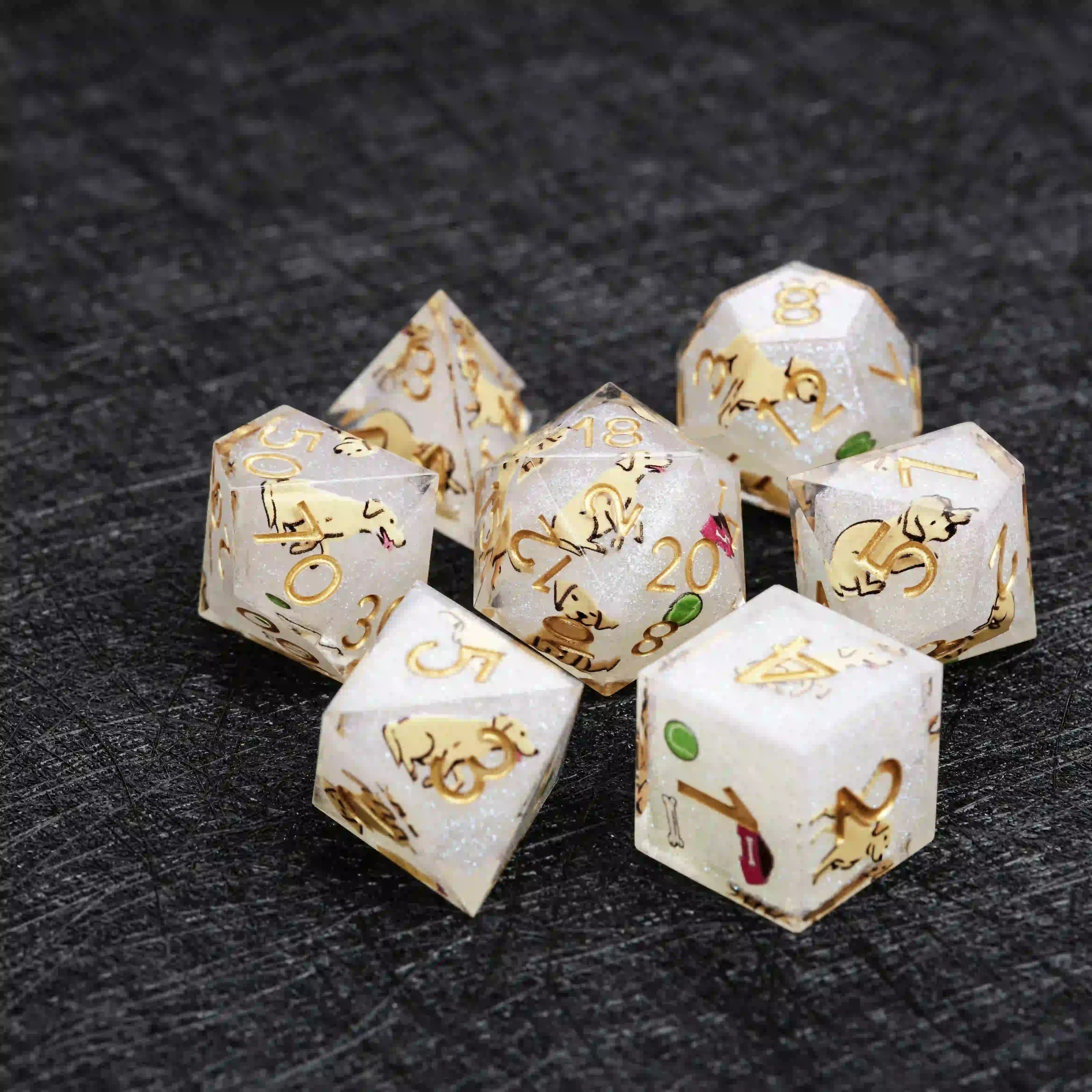 Kickstarter Dice – Sharp-Edged White Glitter Resin Labrador DND Dice Set | Bear Dice