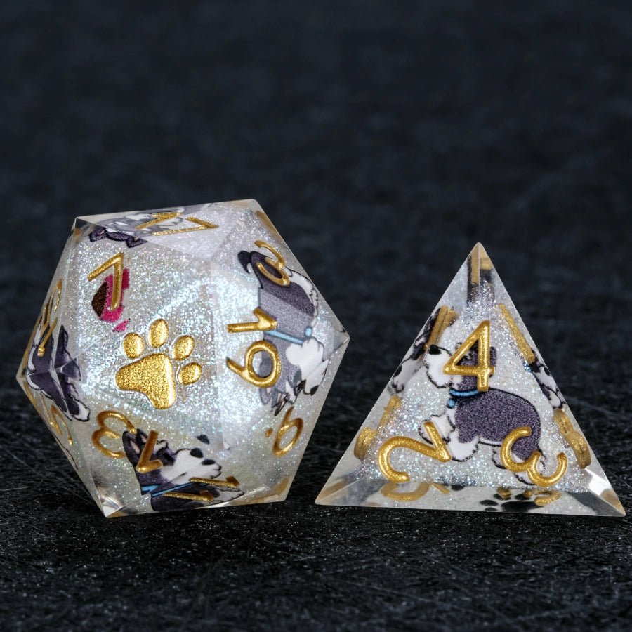 Kickstarter Dice – Sharp-Edged White Glitter Resin Schnauzer DND D20 and D4 Dice | Bear Dice