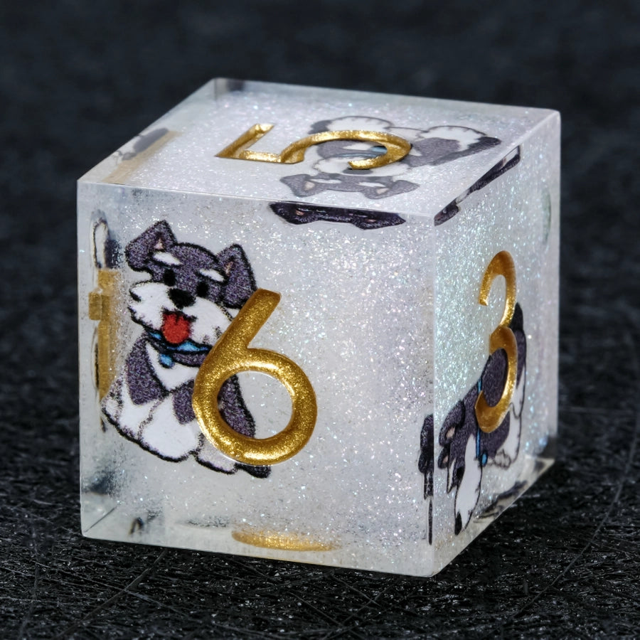 Kickstarter Dice – Handcrafted Sharp-Edged White Glitter Resin Schnauzer DND D6 Dice with Gold Numbers | Bear Dice