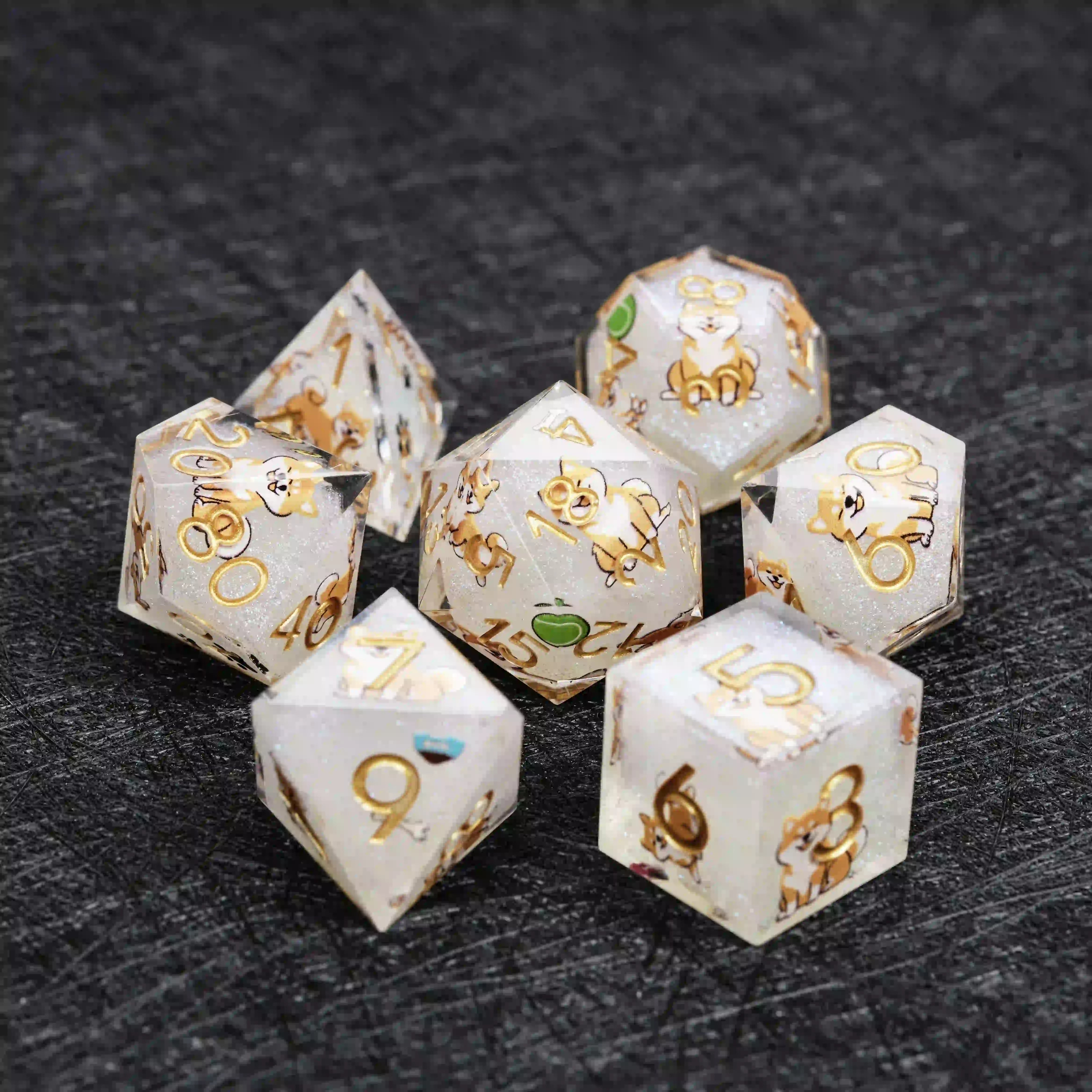 Kickstarter Dice – Sharp-Edged White Glitter Resin Shiba Inu DND Dice Set | Bear Dice