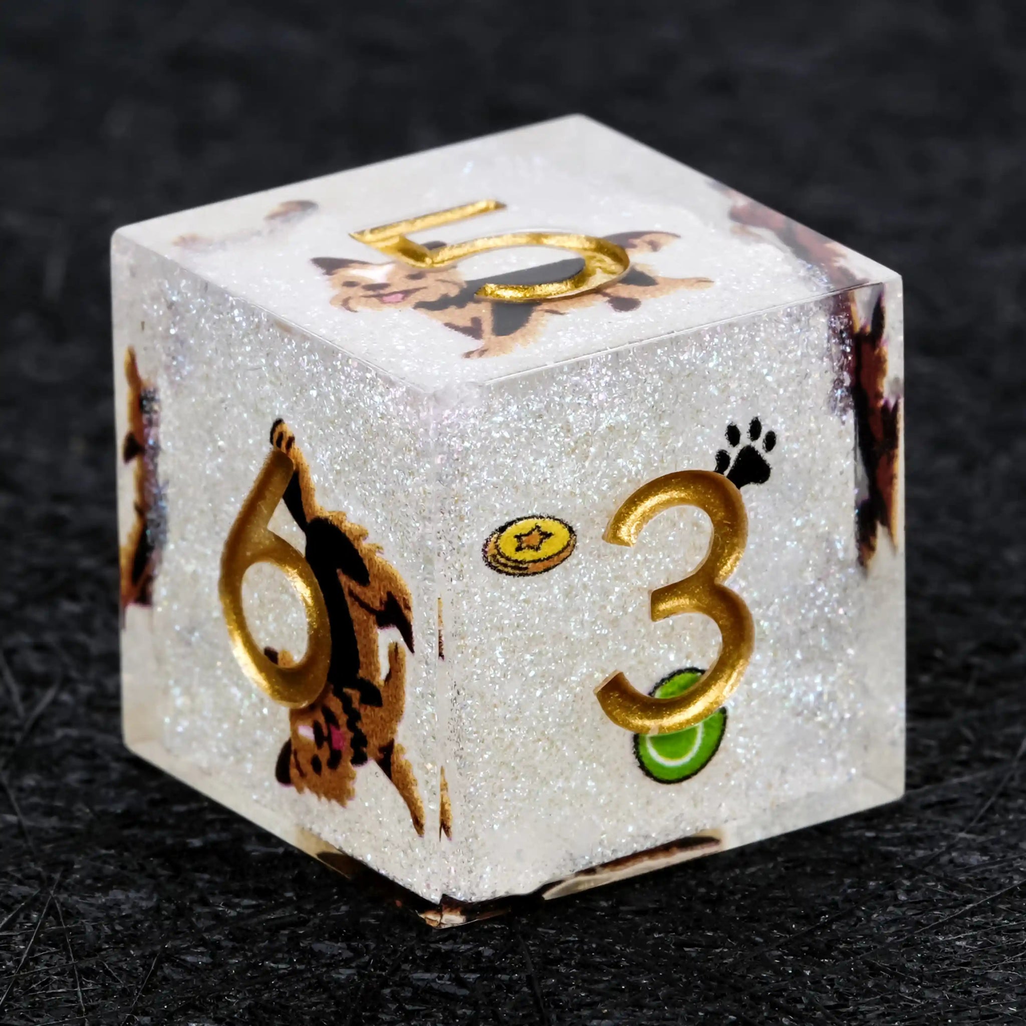 Kickstarter Dice – Sharp-Edged White Glitter Resin Yorkshire DND D6 Dice with Gold Numbers | Bear Dice