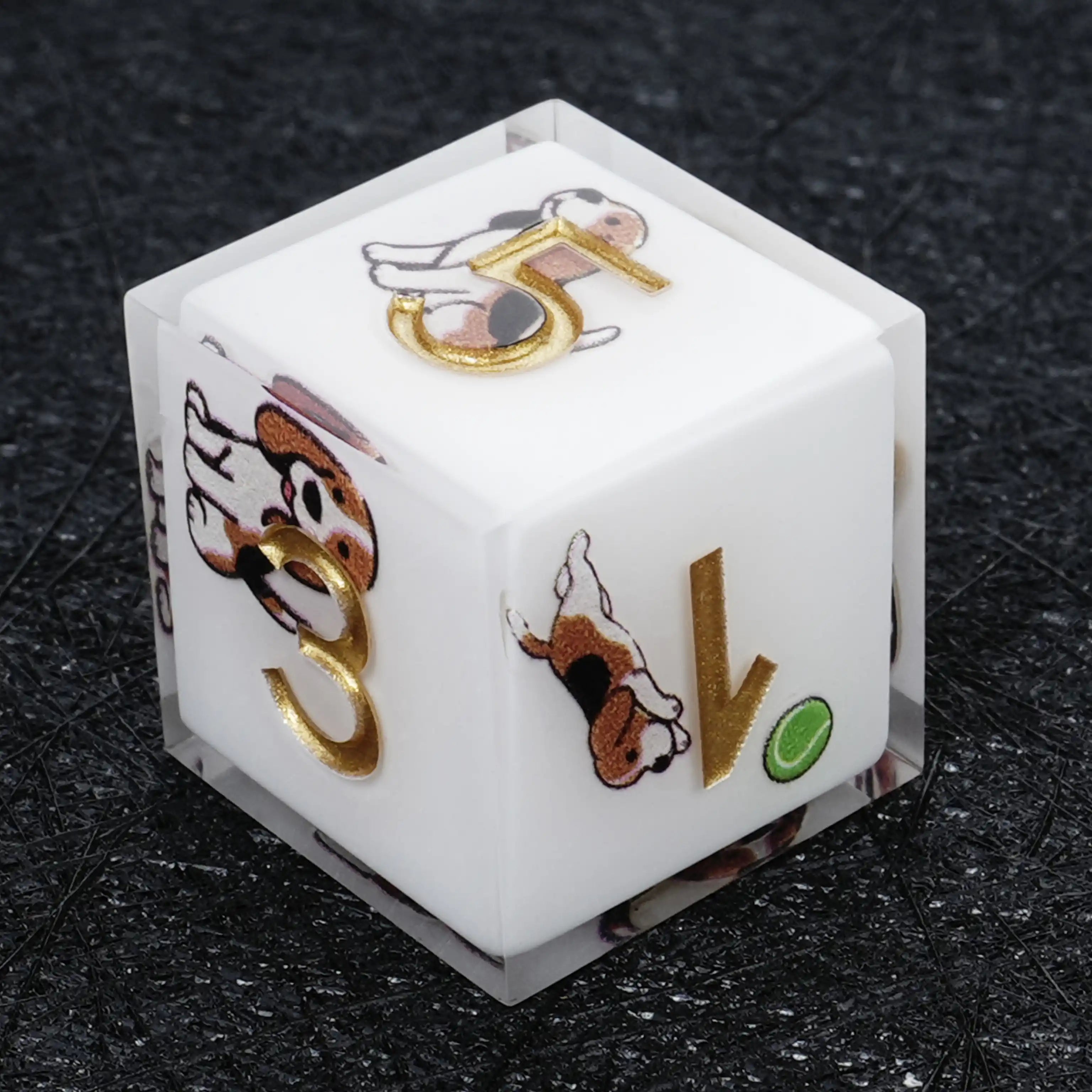 Kickstarter Dice – Sharp-Edged White Resin Beagle DND D6 Dice with Gold Numbers | Bear Dice