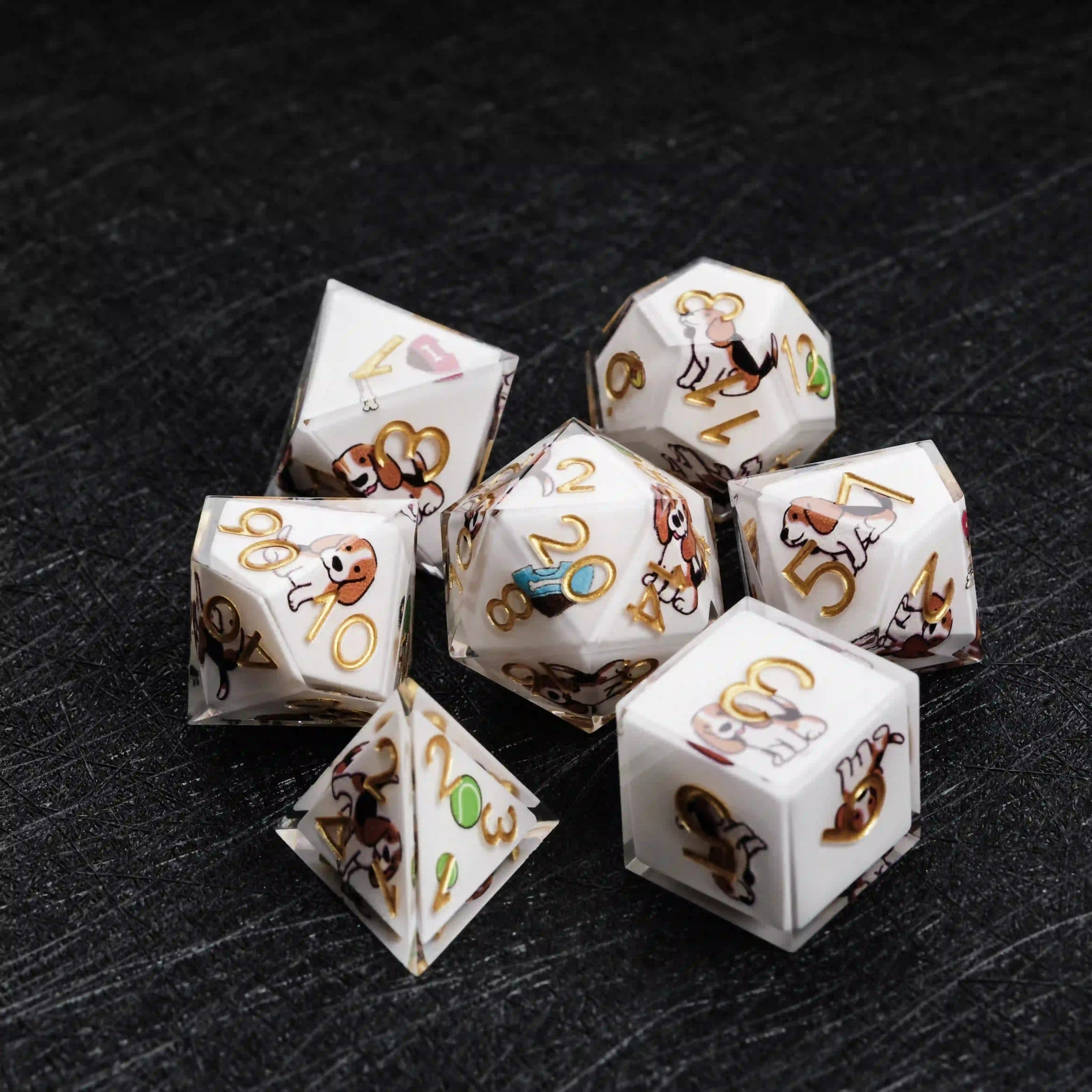 Kickstarter Dice – Sharp-Edged White Resin Beagle DND Dice Set | Bear Dice