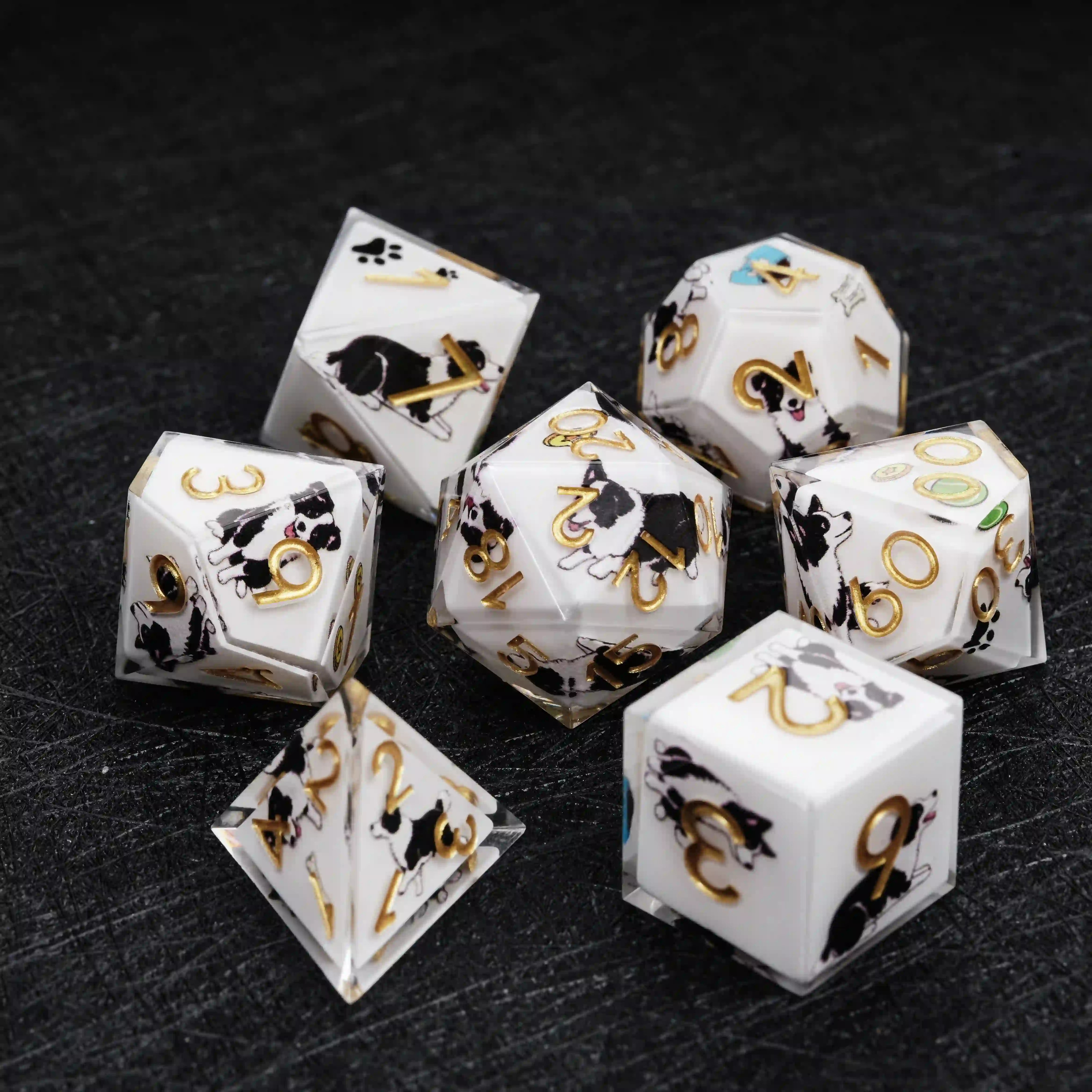 Kickstarter Dice – Sharp-Edged White Resin Border Collie DND Dice Set | Bear Dice