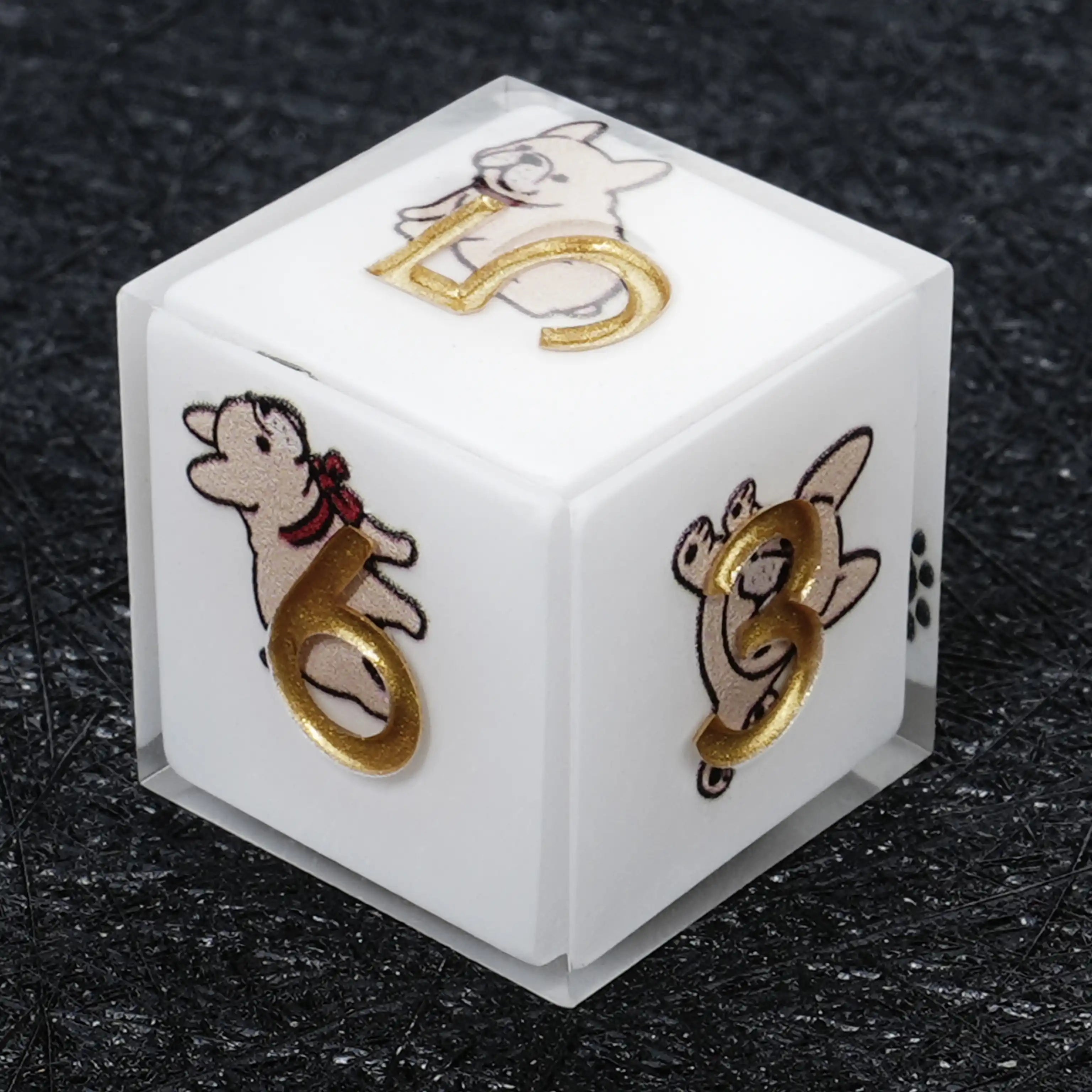Kickstarter Dice – Sharp-Edged White Resin Bulldog DND D6 Dice with Gold Numbers | Bear Dice