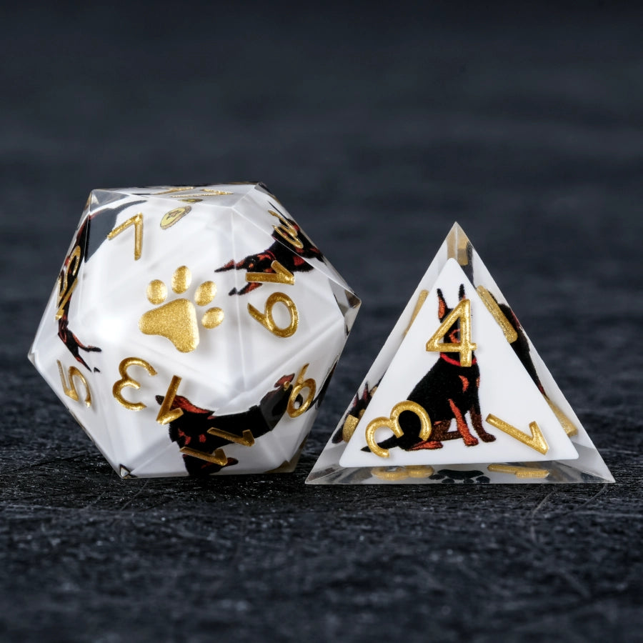 Kickstarter Dice – Sharp-Edged White Resin Doberman DND D20 and D4 Dice | Bear Dice