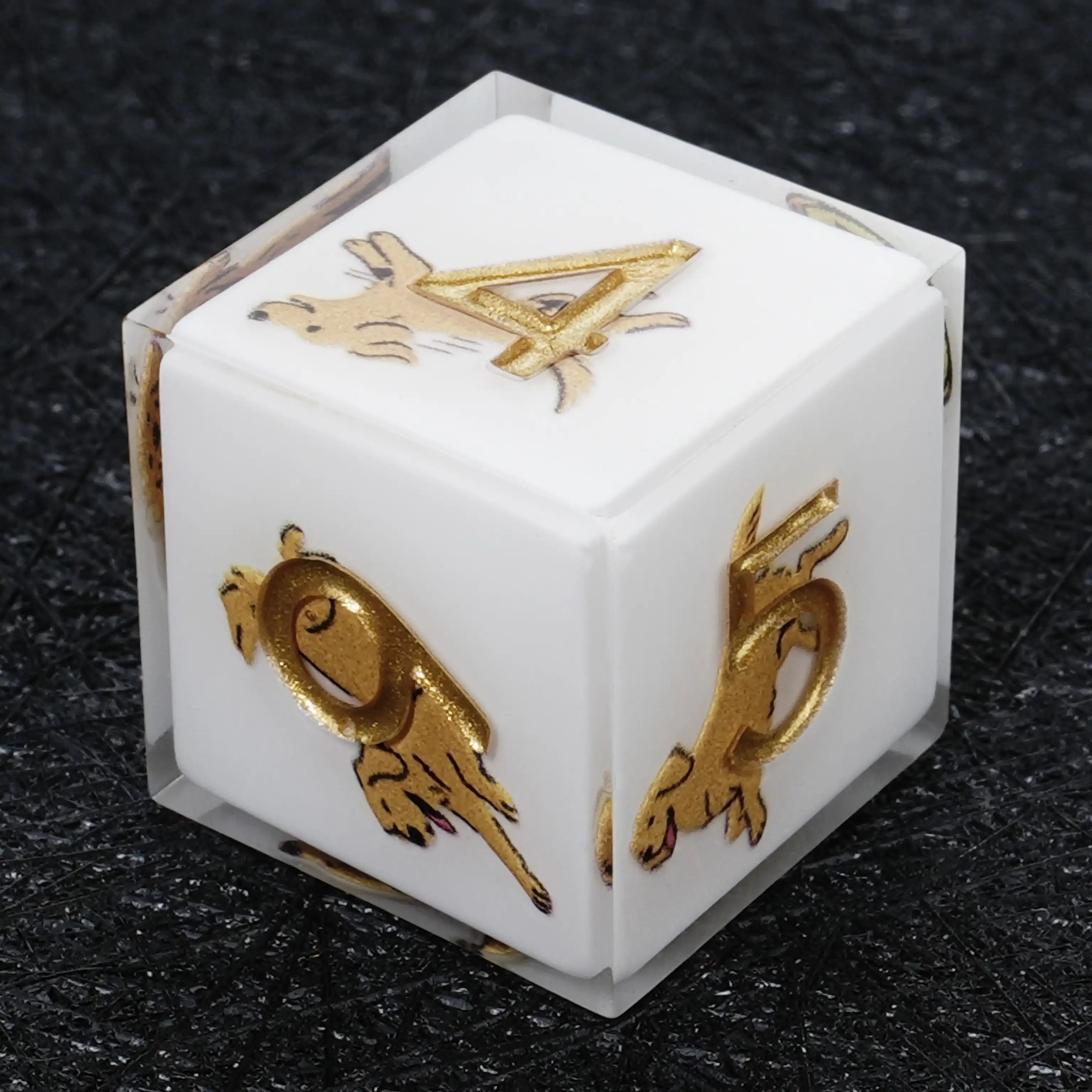 Kickstarter Dice – Sharp-Edged White Resin Golden Retriever DND D6 Dice with Gold Numbers | Bear Dice