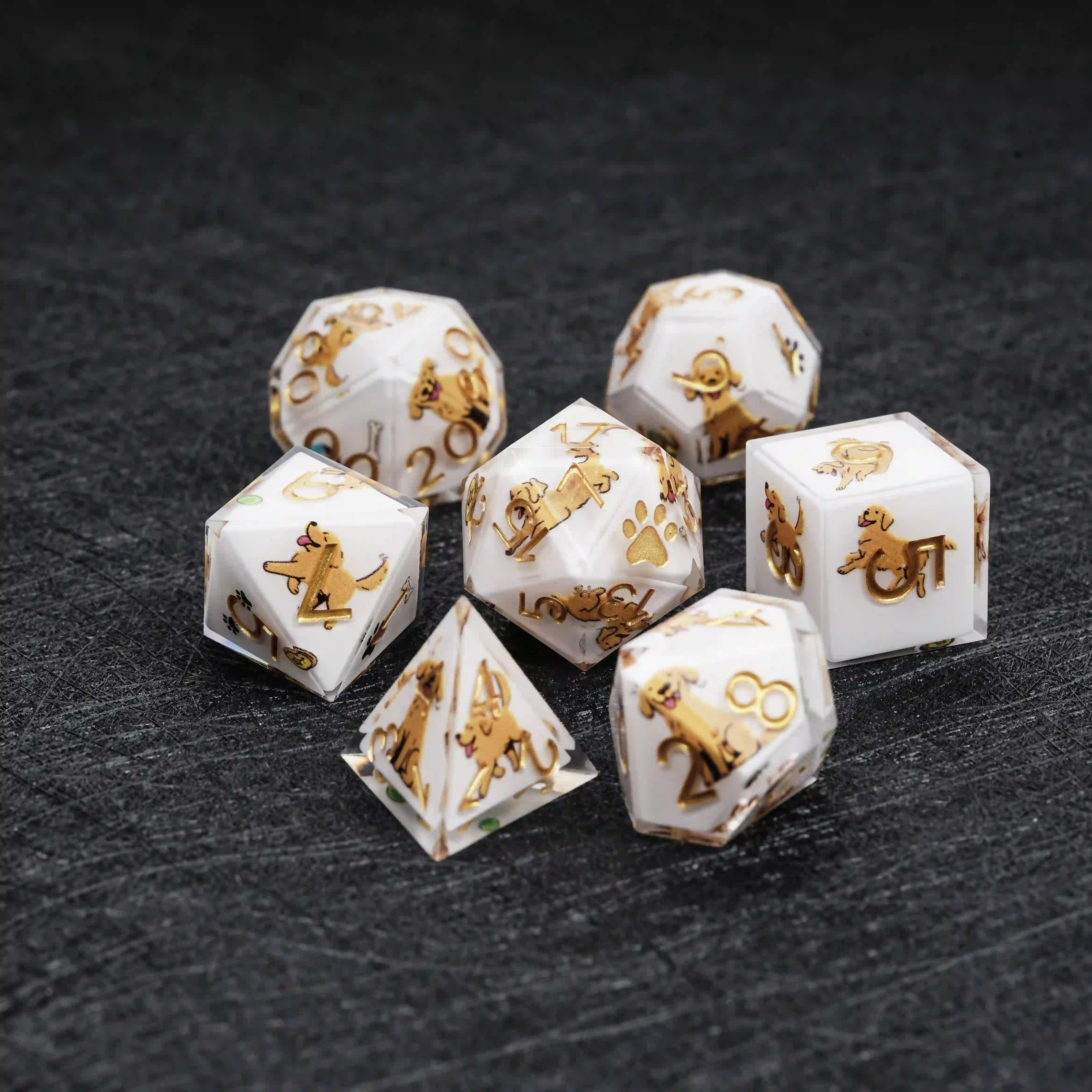 Kickstarter Dice – Sharp-Edged White Resin Golden Retriever DND Dice Set | Bear Dice